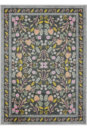 kilim home Dark Flora Bohem Çiçek Desenli Yıkanabilir Pamuk Taban Modern Halı...