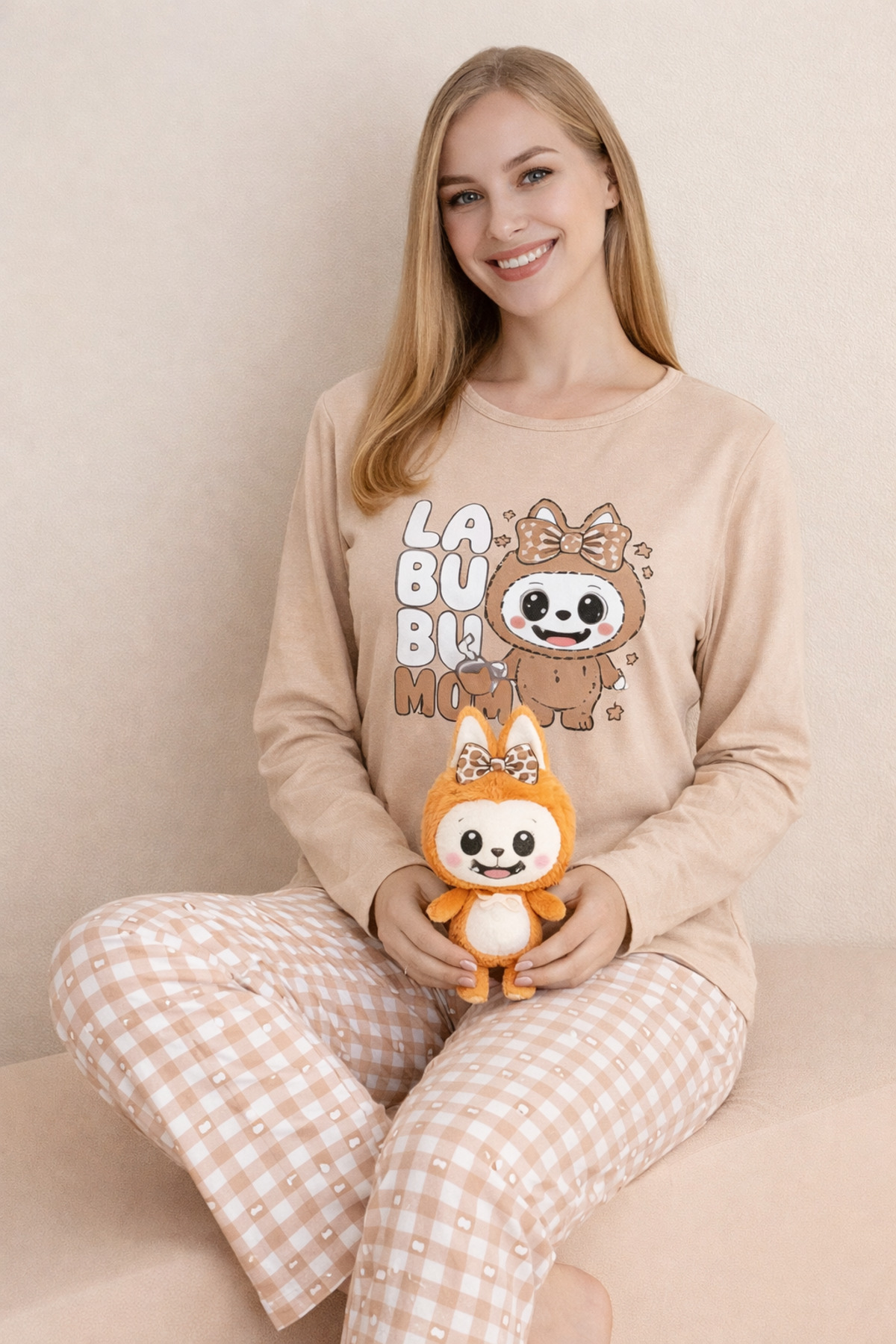 rindahomewear ΓΥΝΑΙΚΕΙΟ ΣΕΤ ΠΙΤΖΑΜΑΣ ΜΕ ΜΑΚΡΙΑ ΜΑΝΙΚΙΑ ΚΑΙ ΣΤΑΜΠΑ Μονό ζέρσεϊ