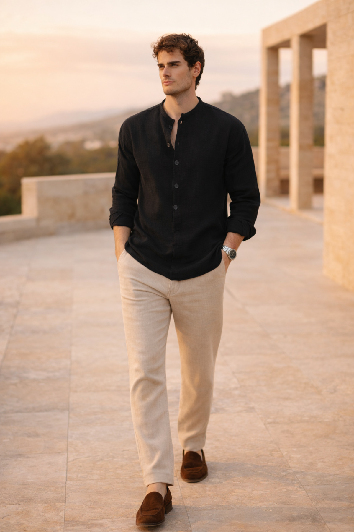 Valiberta  Hafif ve Nefes Alabilir Erkek Müslin Yarım Pat Hakim Yaka Oversize Gömlek - Siyah - Görsel 5