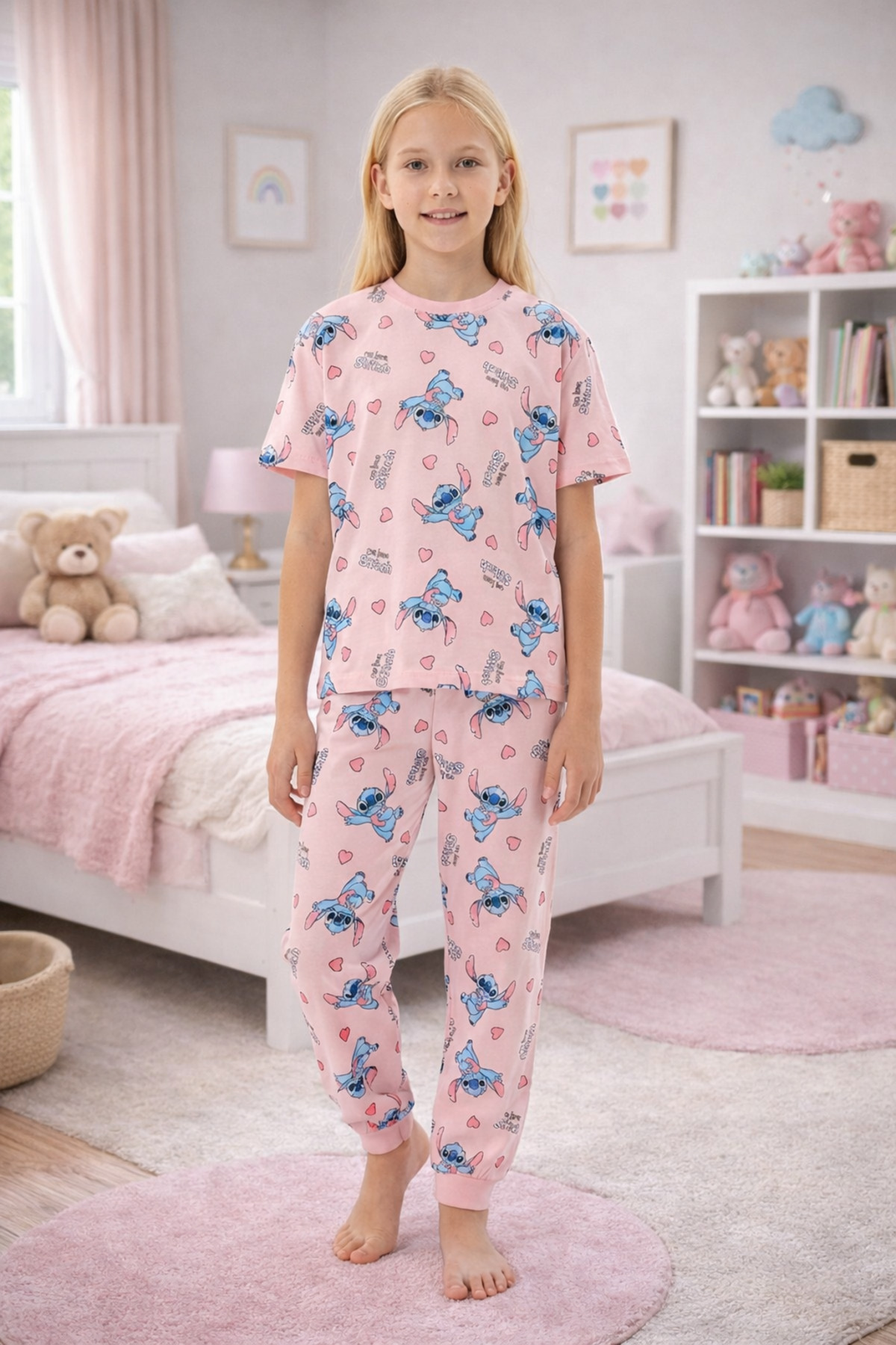 byalisdmr KIZ ÇOCUK PİJAMA TAKIMI STİÇ VE KALP DESEN %100 PAMUK SÜPREM KUMAŞ KISA KOLLU BİSİKLET YAKA fotoğrafı 2 (önizleme)