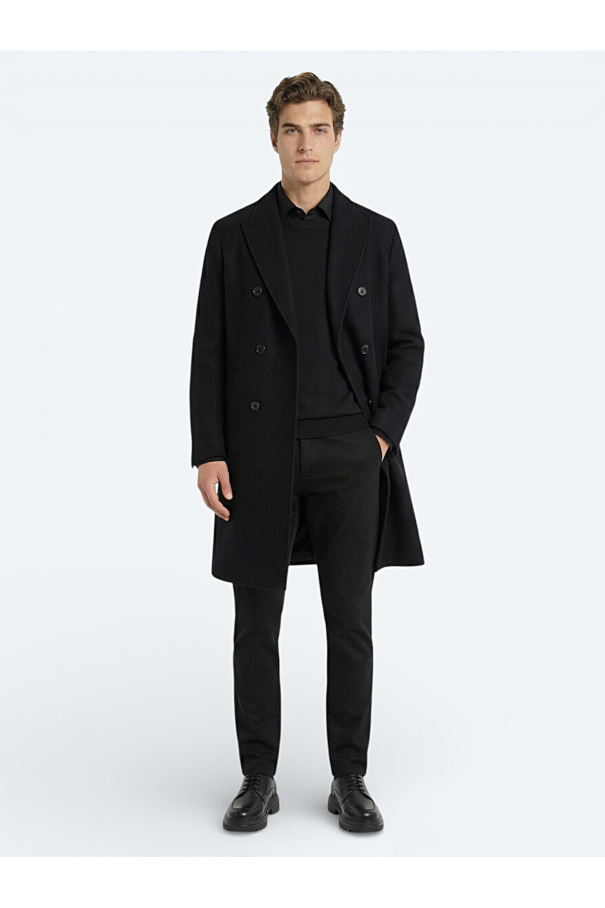 Kip  Siyah Regular Fit Kruvaze Yaka Klasik Dokuma Palto - Görsel 2