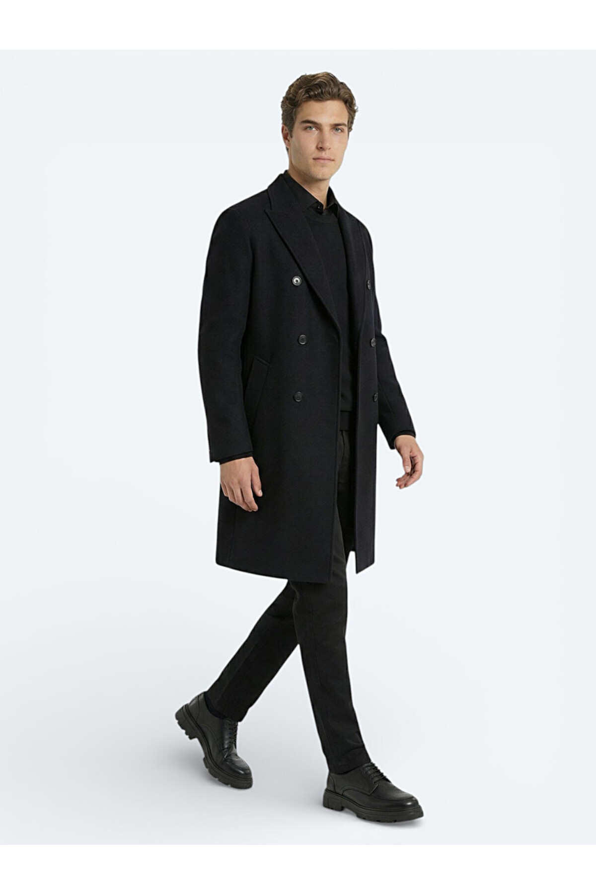 Kip  Siyah Regular Fit Kruvaze Yaka Klasik Dokuma Palto