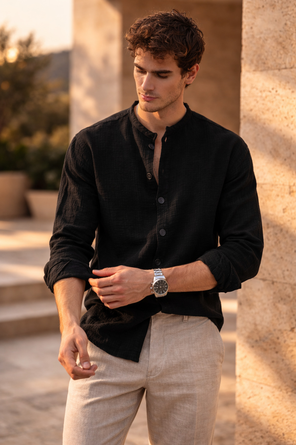 Valiberta  Hafif ve Nefes Alabilir Erkek Müslin Yarım Pat Hakim Yaka Oversize Gömlek - Siyah - Görsel 4