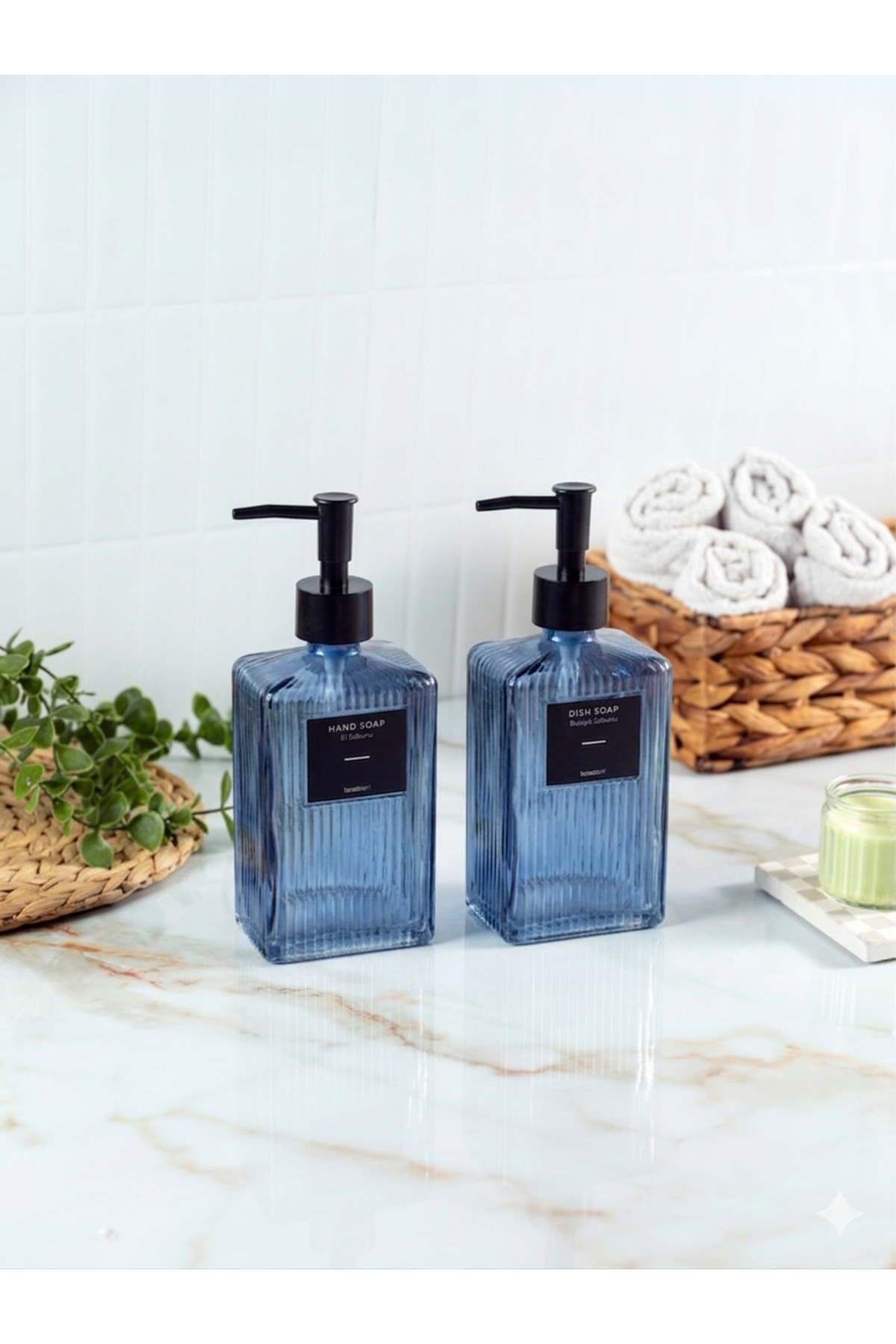 2 x 500 ml Countertop Glass Liquid Soap Dispenser Kitchen (2 LABELS)