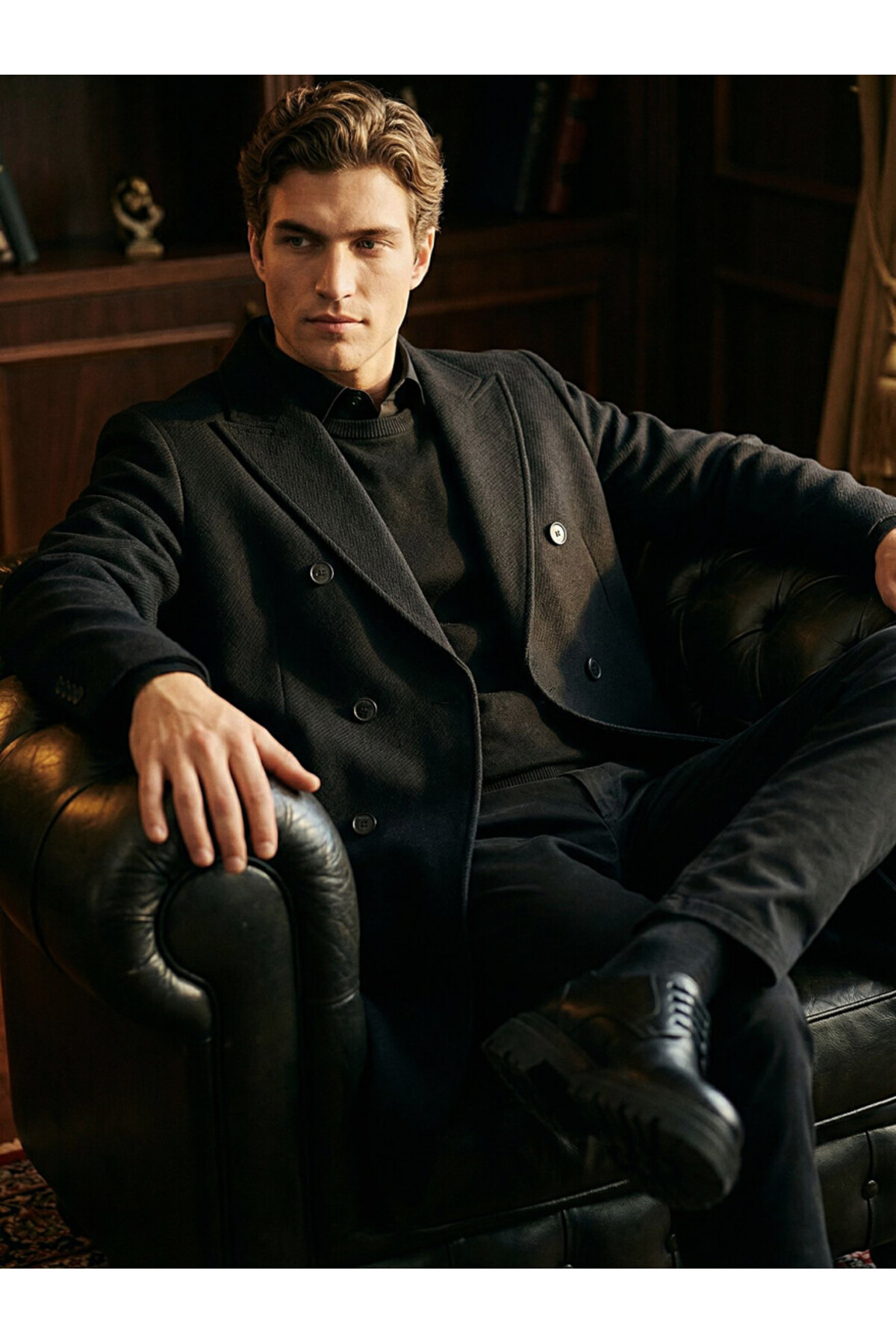 Kip  Siyah Regular Fit Kruvaze Yaka Klasik Dokuma Palto - Görsel 5