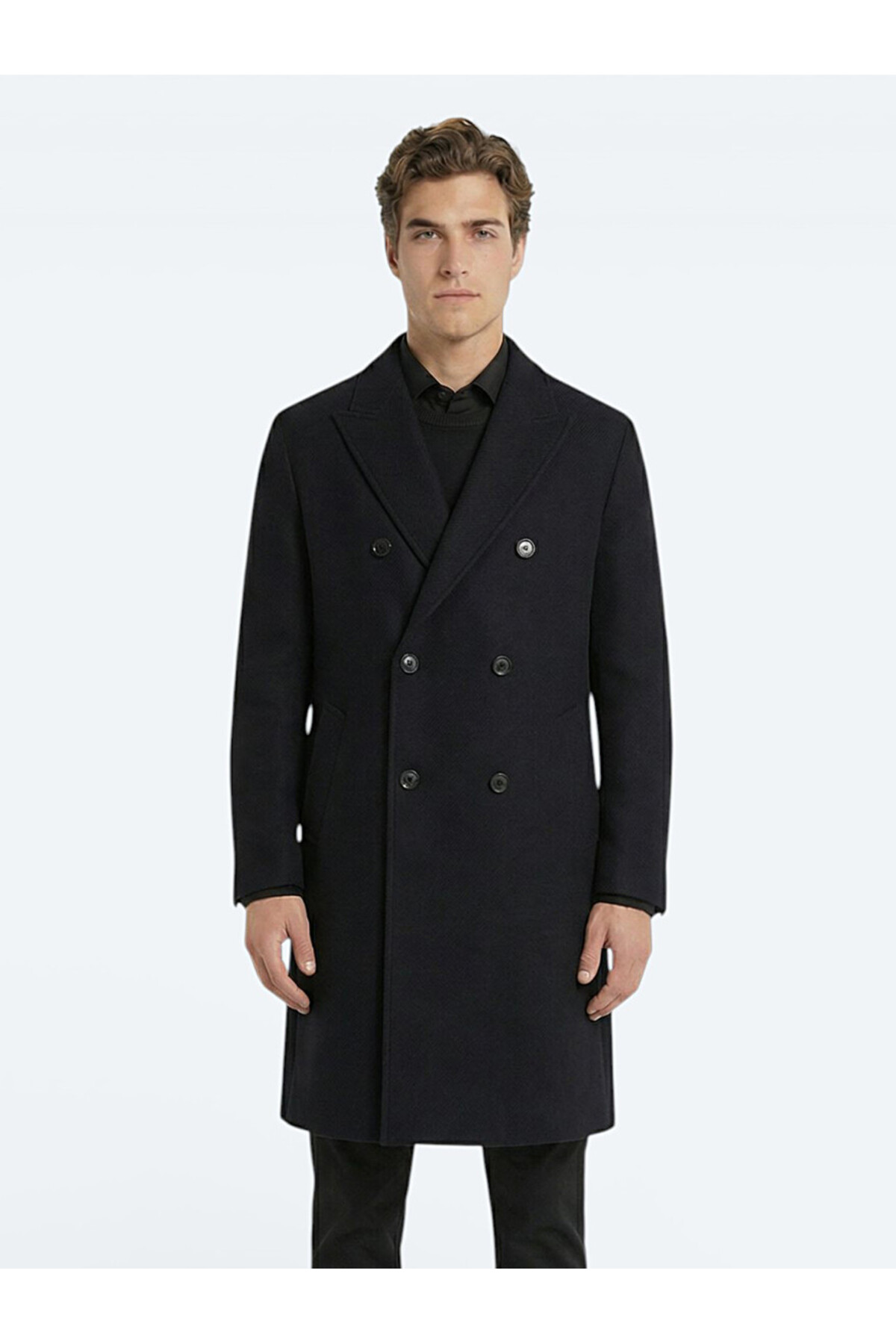 Kip  Siyah Regular Fit Kruvaze Yaka Klasik Dokuma Palto - Görsel 3