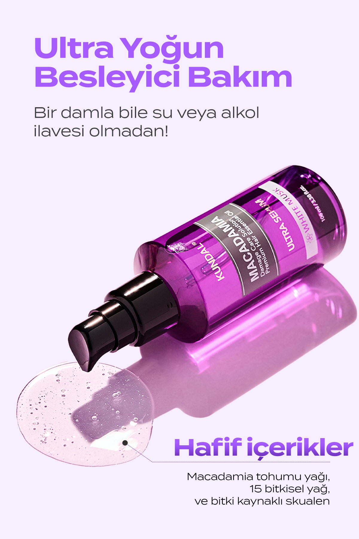 Kuru ve Yıpranmış Saçlara Onarıcı Bakım Serumu KUNDAL Macadamia Ultra Hair Serum 100ml (White Musk) — 7235 — تصویر 6 از 9