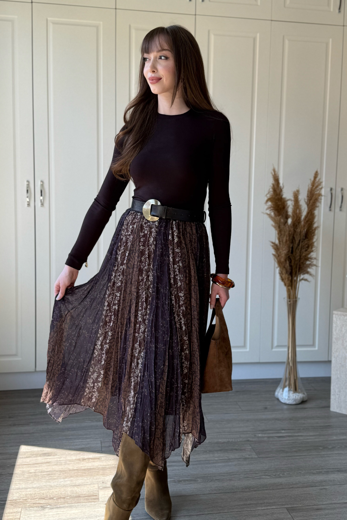 Dilay Gökoğlu Butik  Karışık Desenli Beli Lastikli Asimetrik Midi Etek - Görsel 7