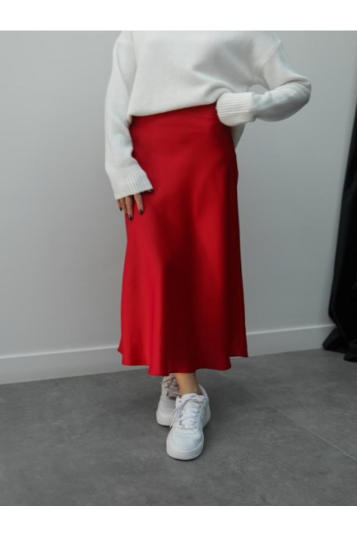Women's Open Burgundy High Waist Midi Length Satin Skirt