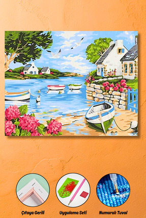 HONDEP 5D Elmas Boyama – Deniz Kıyısında Huzurlu Köy | 40x50 cm - Tuvale Geri...