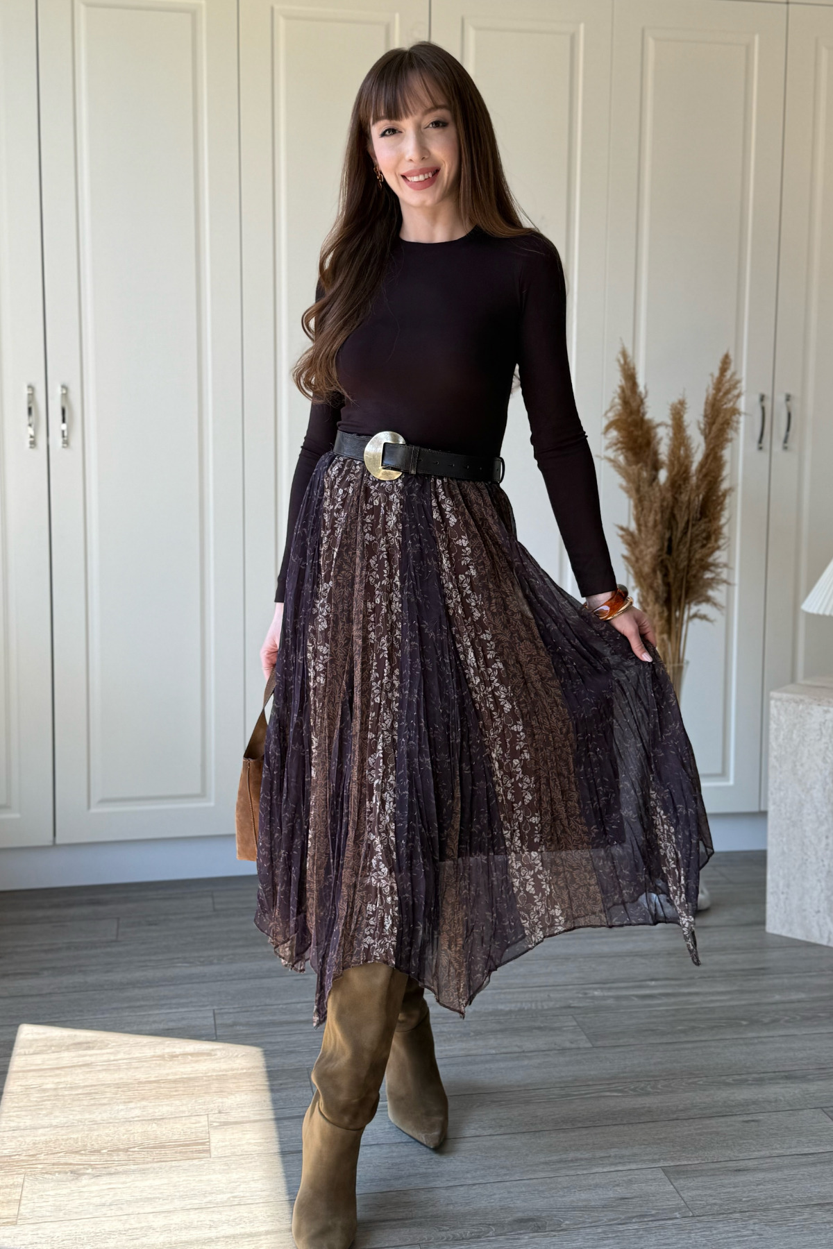 Dilay Gökoğlu Butik  Karışık Desenli Beli Lastikli Asimetrik Midi Etek - Görsel 9