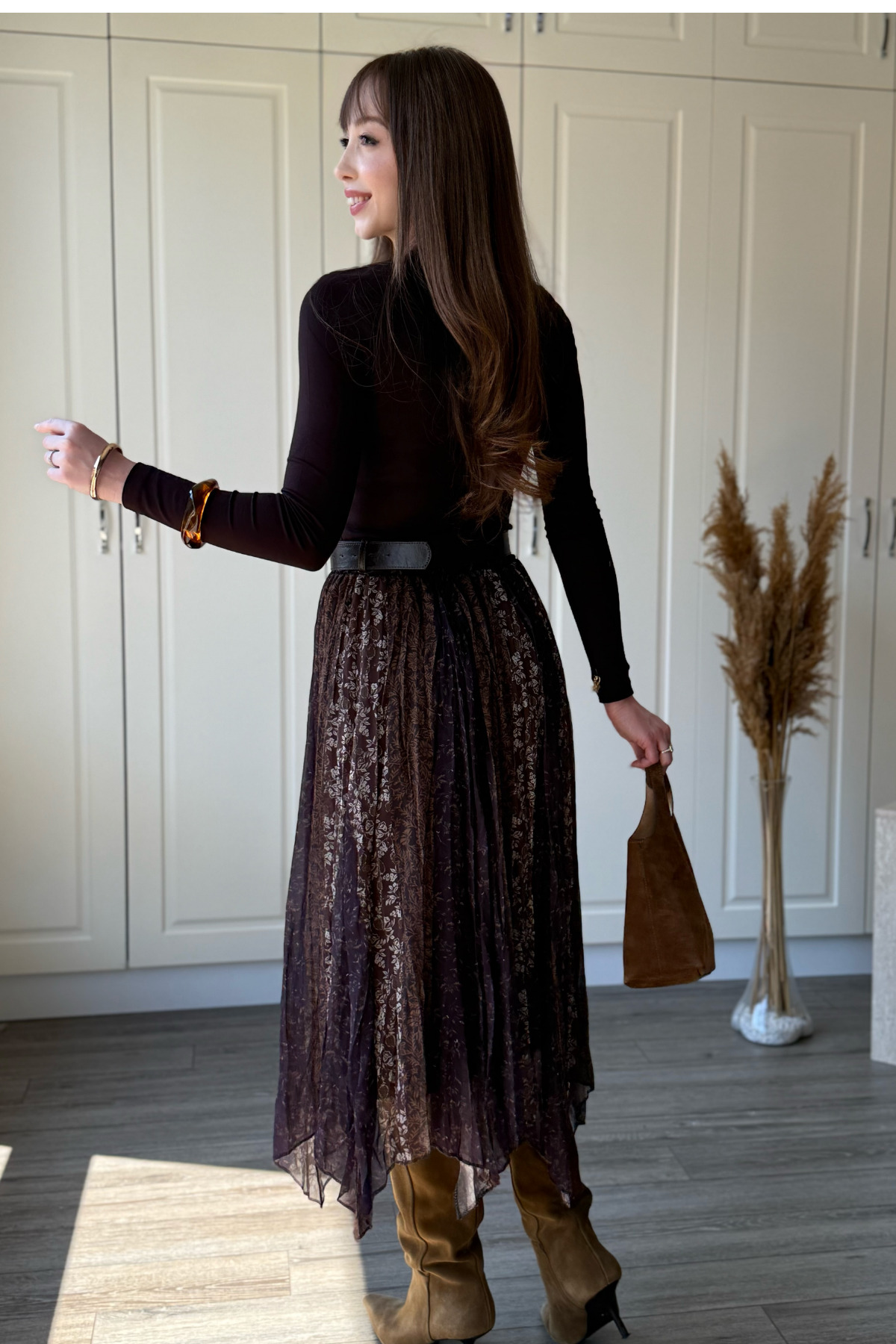 Dilay Gökoğlu Butik  Karışık Desenli Beli Lastikli Asimetrik Midi Etek - Görsel 6