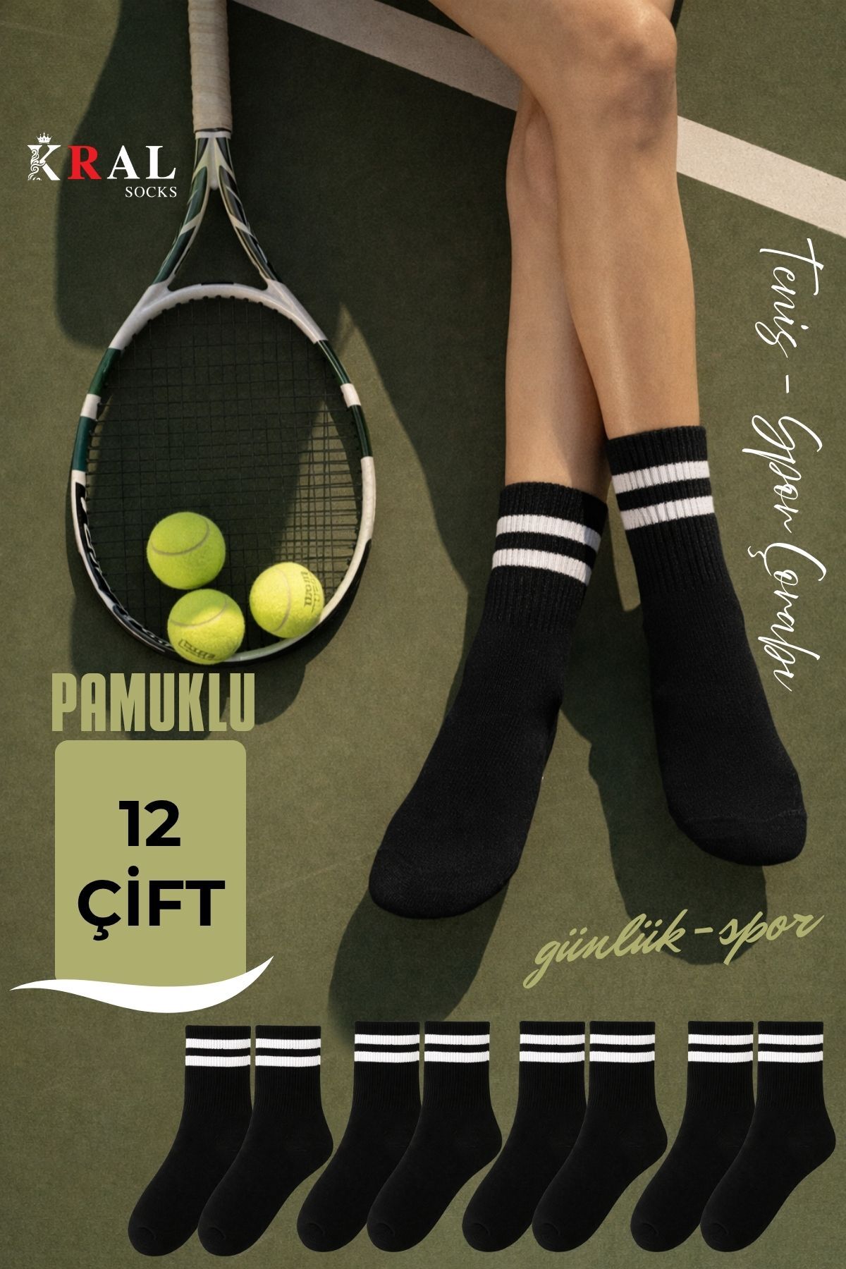 Lüx Kral 12 Çift Unisex Pamuklu Çizgili Kolej Tenis Spor Çorap