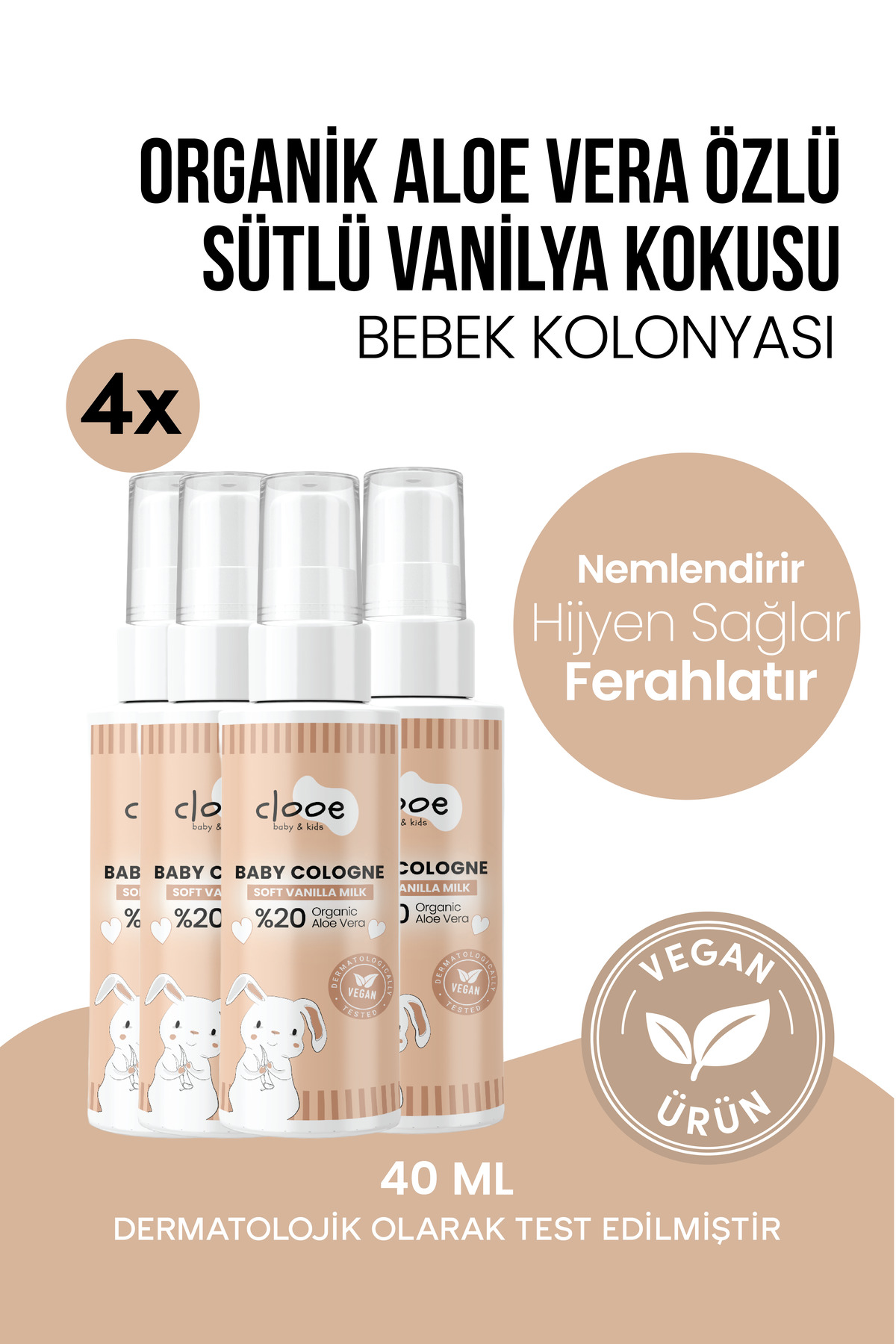 clooe Vegan Organik Aloe Vera Özlü Nemlendirici Yatıştırıcı Vanilya Sütlü Bebek Kolonyası 4'lü Avantaj Set — PKA030