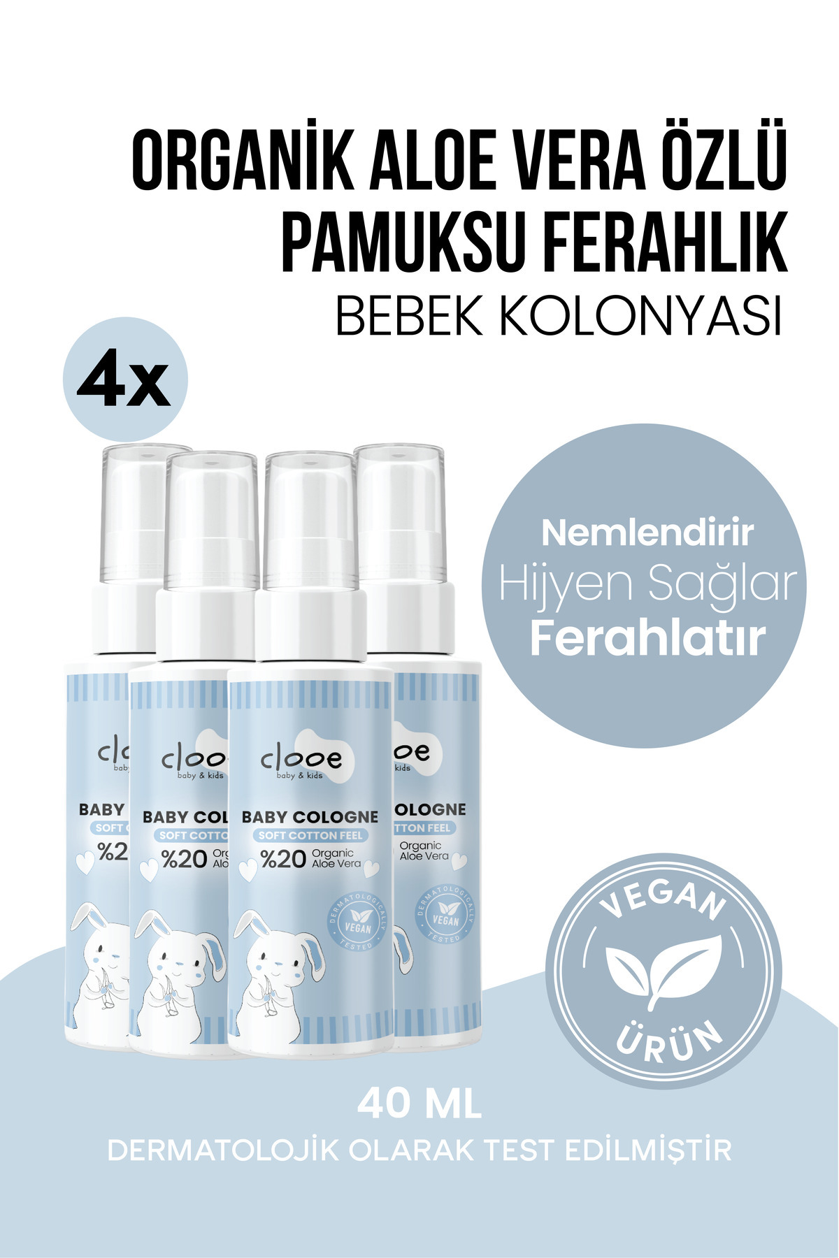 clooe 4'lü Bebek Kolonyası Soft Cotton Feel 40 ml - Pamuk Esintili - Organik Aloe Vera Özlü - Vegan - Hızlı Kuruyan — PKA025