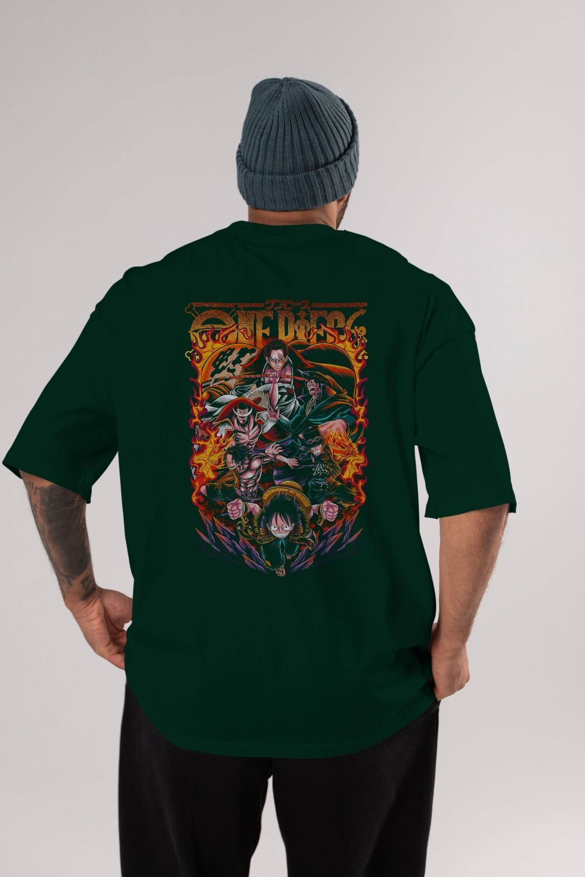 ONE piece (3) Anime Back Printed Emerald Green Oversize t-shirt cotton Men Women