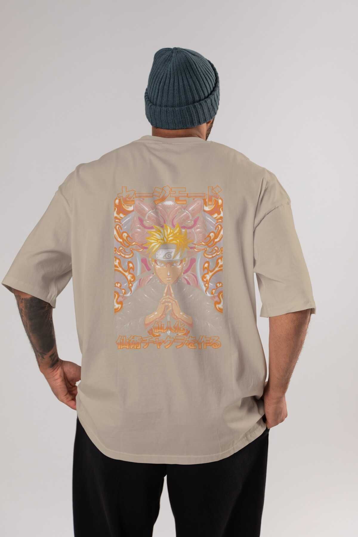 NARUTO (10) Anime Back Printed Beige Oversize T-shirt 100% Cotton Men Women