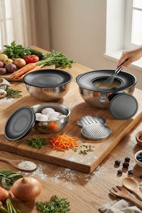 MAKRİ HOME 3'lü 304 Çelik Rendeli Saklama ve Karıştırma Kabı Seti (16 cm-1,35...