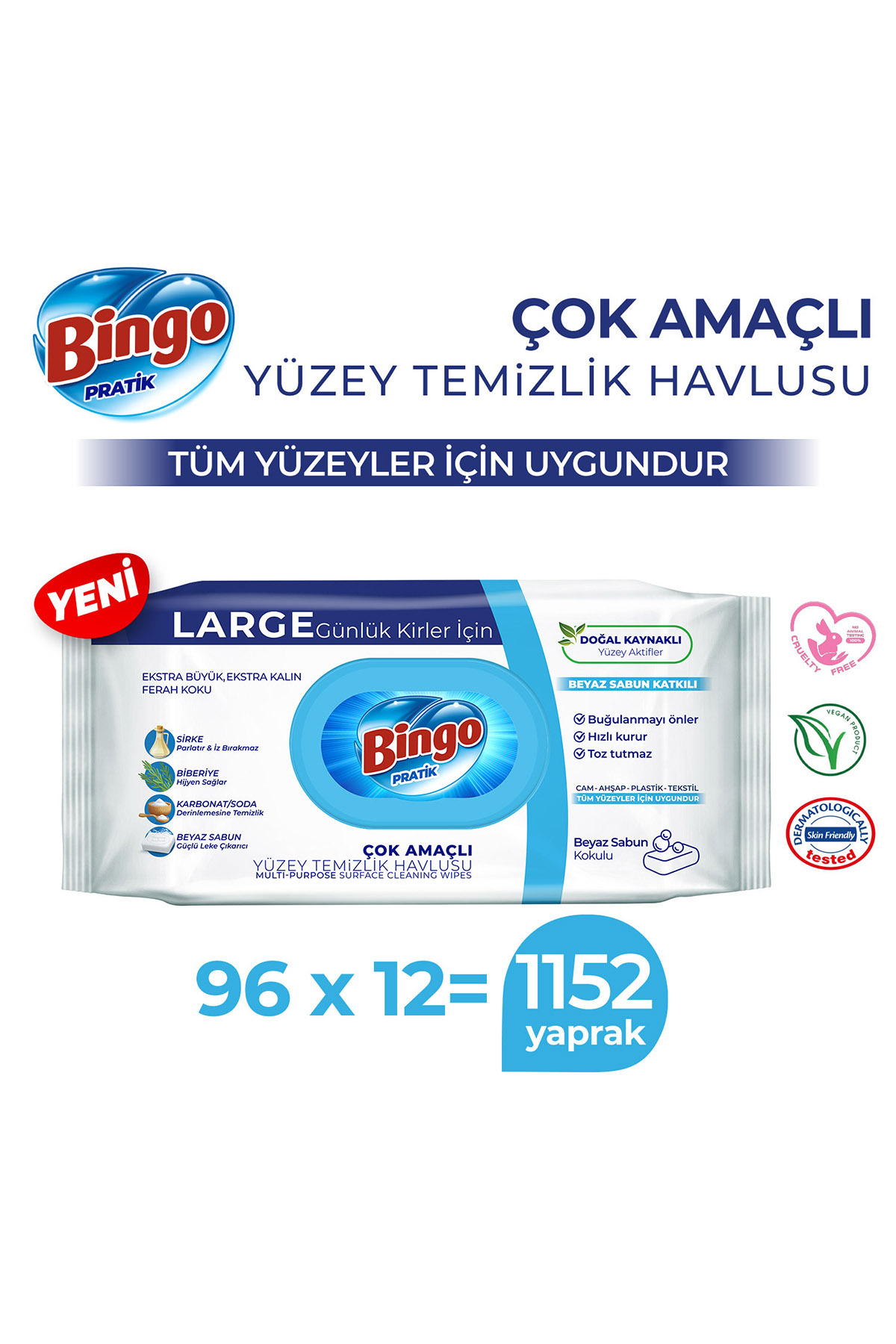 Bingo Yüzey Temizlik Havlusu Large Beyaz Sabun 96x12 (1152 YAPRAK) fotoğrafı 2 (önizleme)