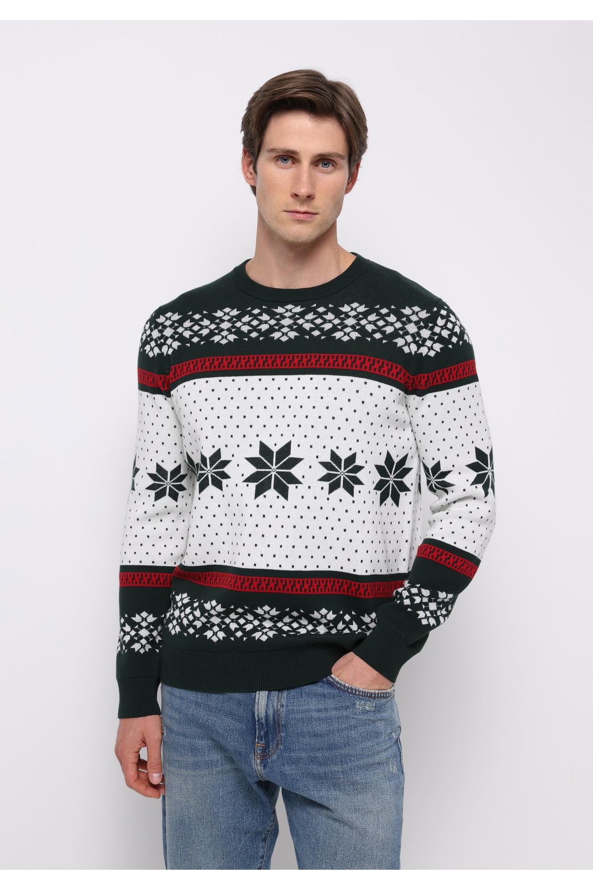 Colin's Regular Fit Yuvarlak Yaka Jakarlı Erkek Yeşil Kazak — سبز CL1077277_Q1.V2