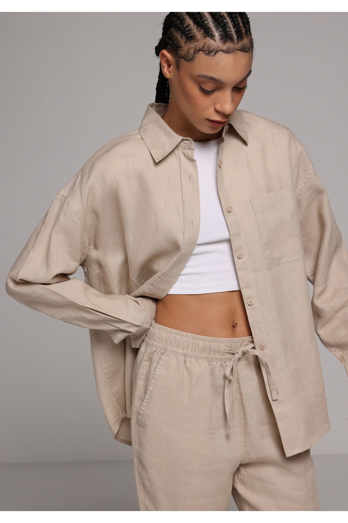 Boyfriend Fit Shirt Neck Düz Kadın Bej Uzun Kol Gömlek