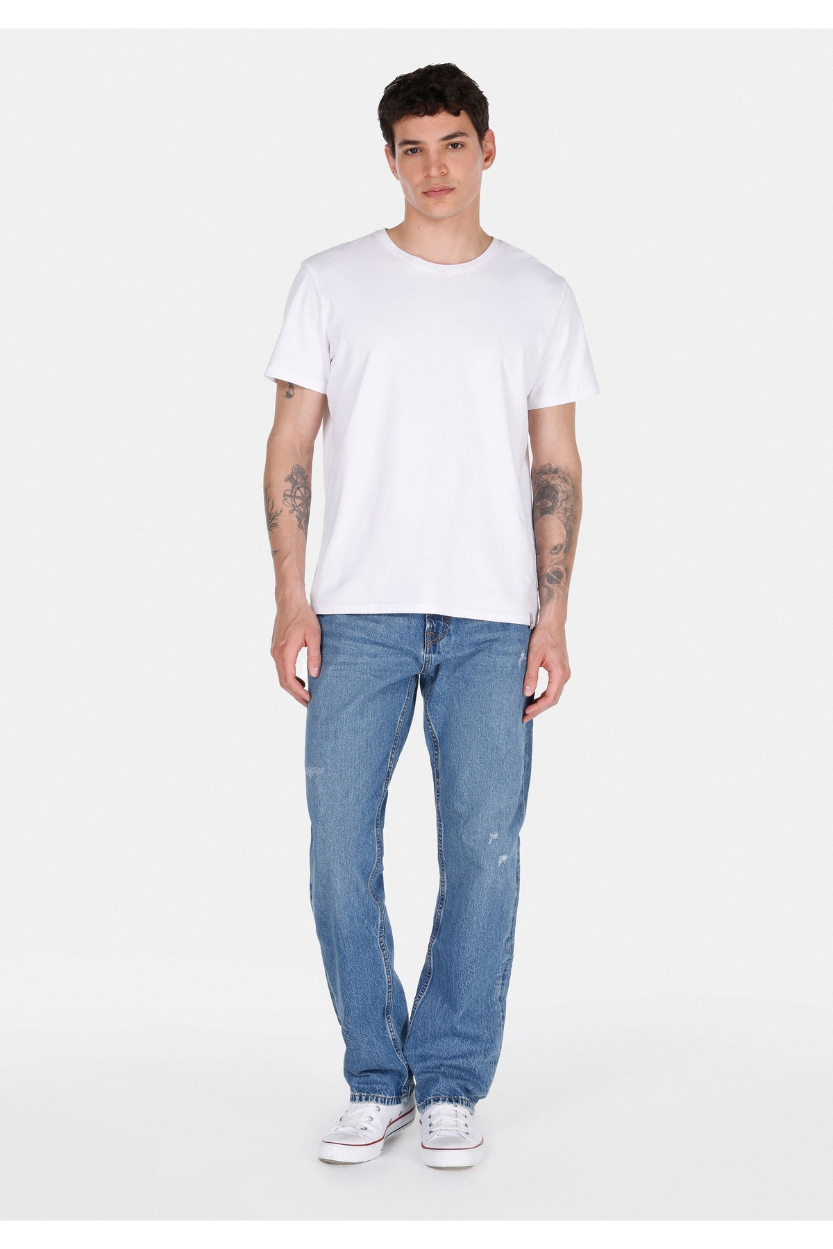Regular Fit Orta Bel Düz Paça Pamuk Erkek Mid İndigo Denim Jean Pantolon