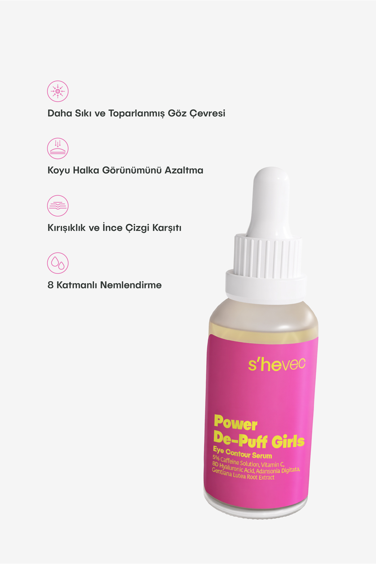 Göz Altı Torbalanma ve Koyu Halka İçin %5 Kafein Vegan 30 ml Göz Çevresi Serumu Power De-Puff Girls — SH-2103 — تصویر 4 از 4