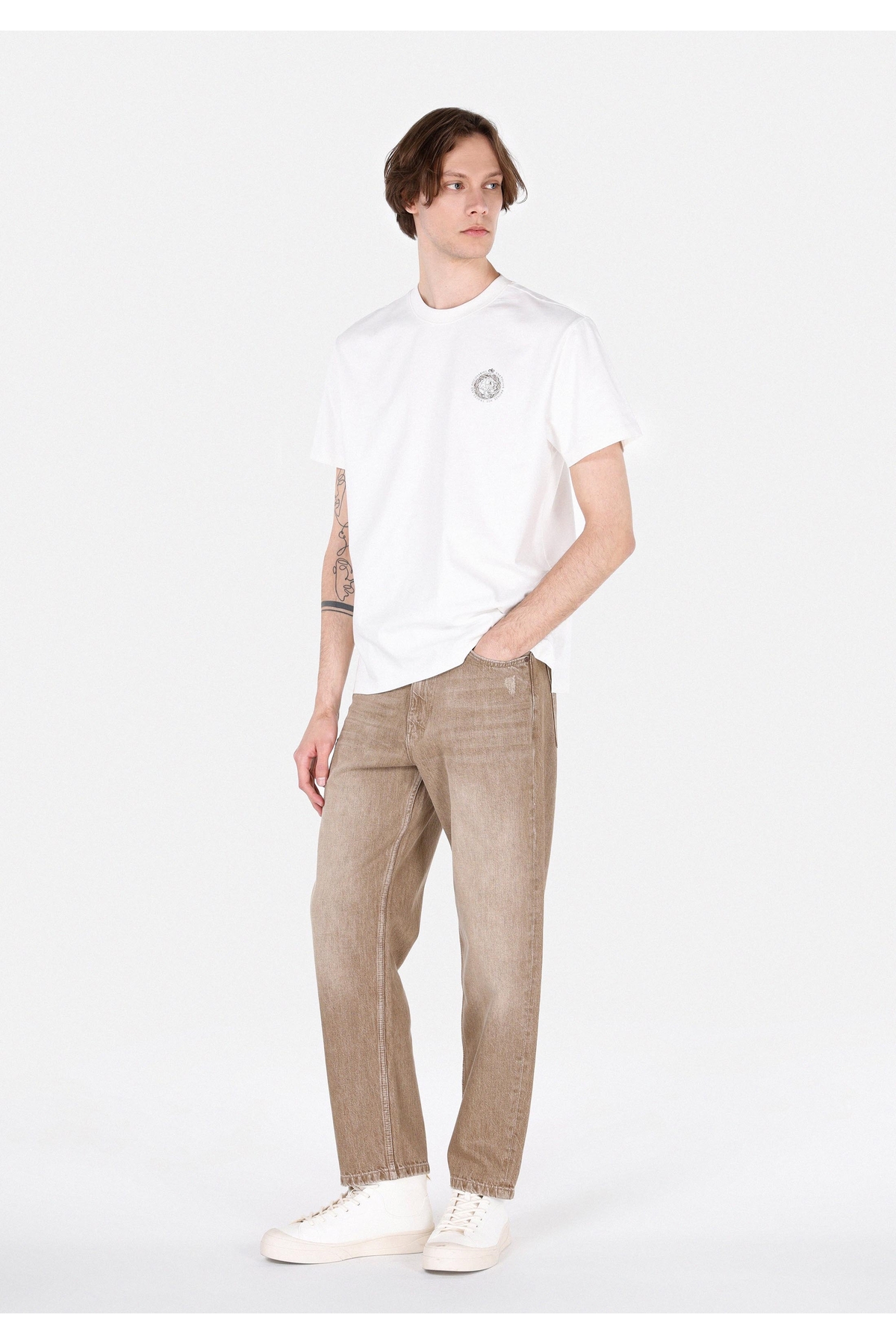 Baggy Fit Orta Bel Bol Paça Erkek Kahverengi Jean Pantolon