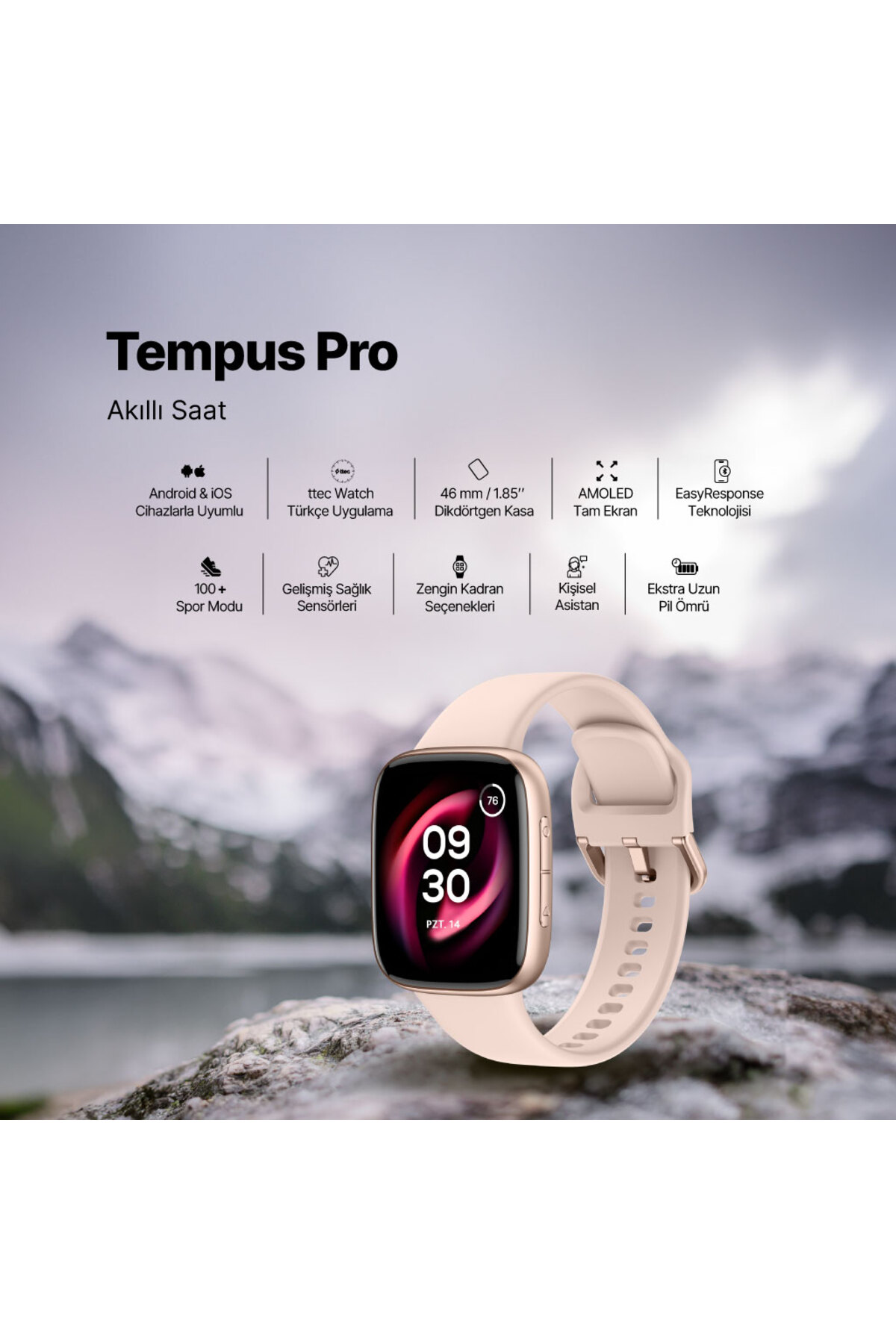 Ttec Tempus Pro 46 mm AMOLED Ekranlı Dikdörtgen Kasa Akıllı Saat 2S14WV1