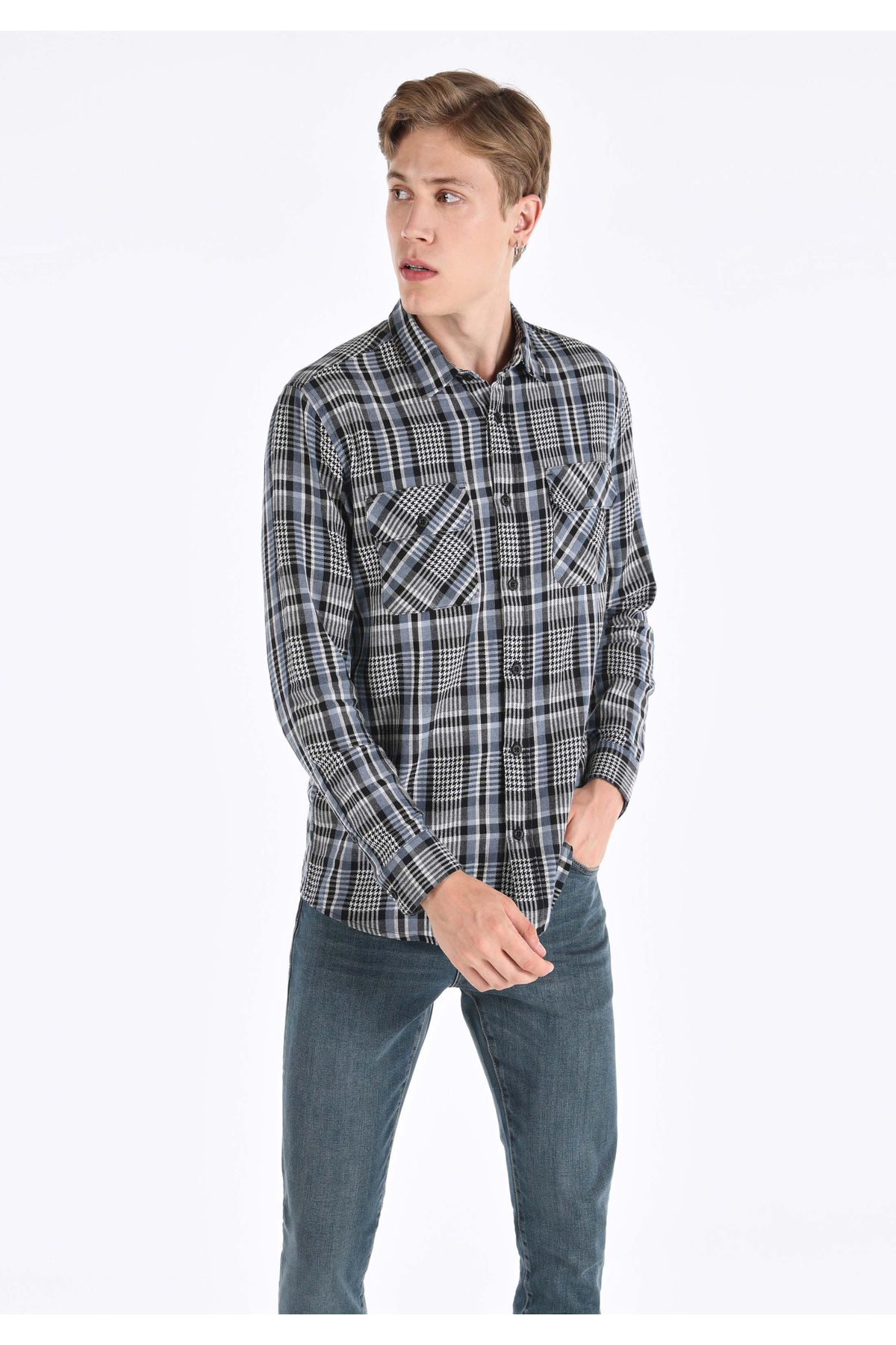 Regular Fit Shirt Neck Ekoseli Erkek Mavi Uzun Kol Gömlek