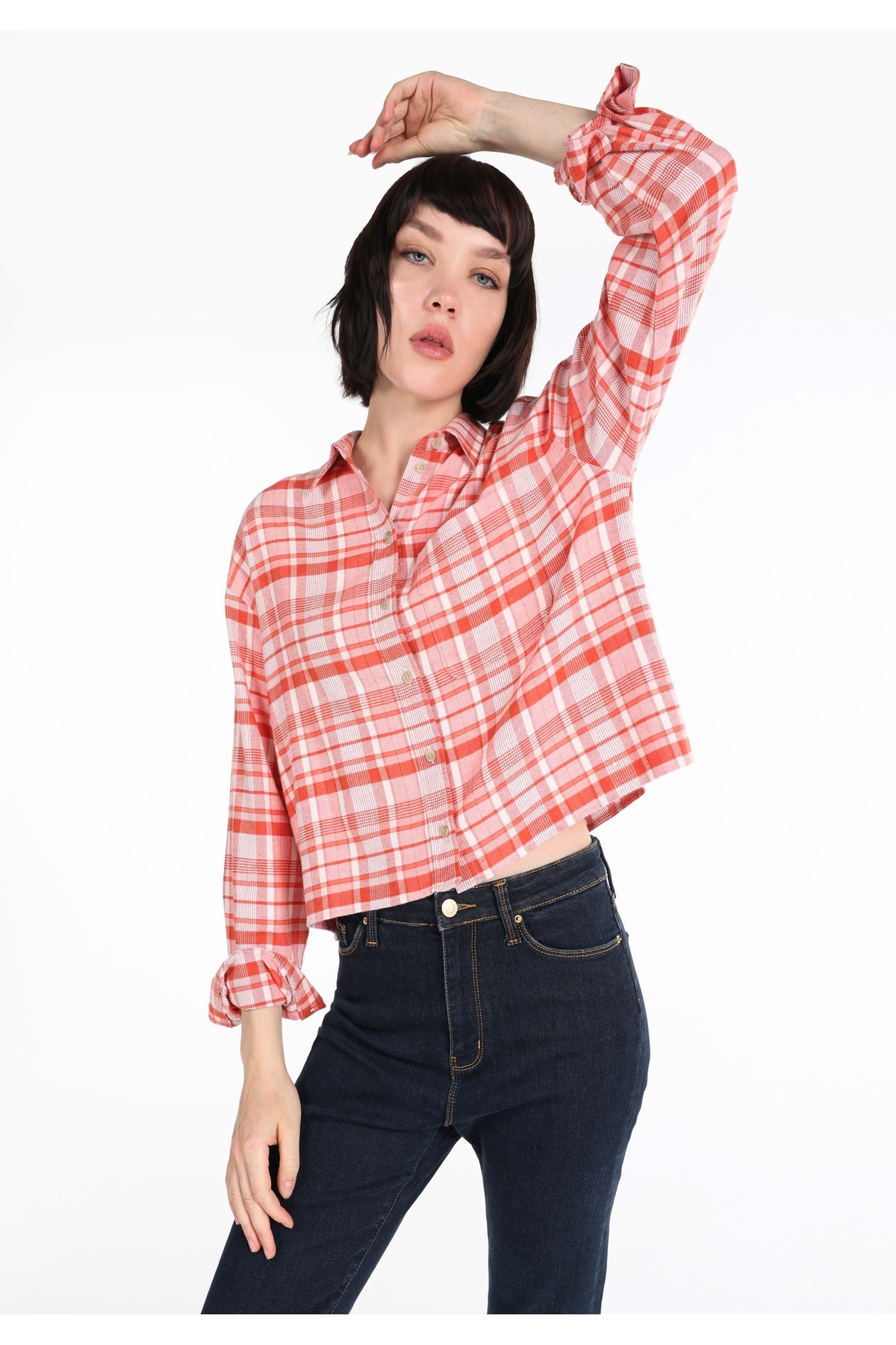 Regular Fit Shirt Neck Ekoseli Kadın Turuncu Uzun Kol Gömlek
