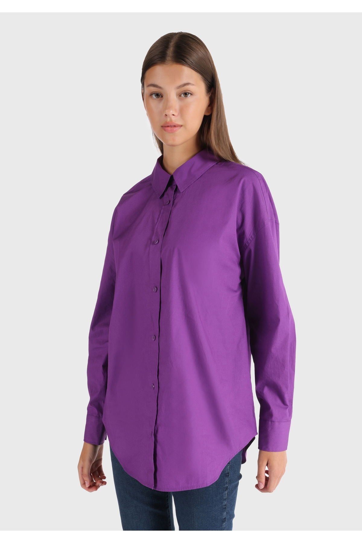 Colin’s Relaxed Fit Shirt Neck Düz Kadın Mor Uzun Kol Gömlek