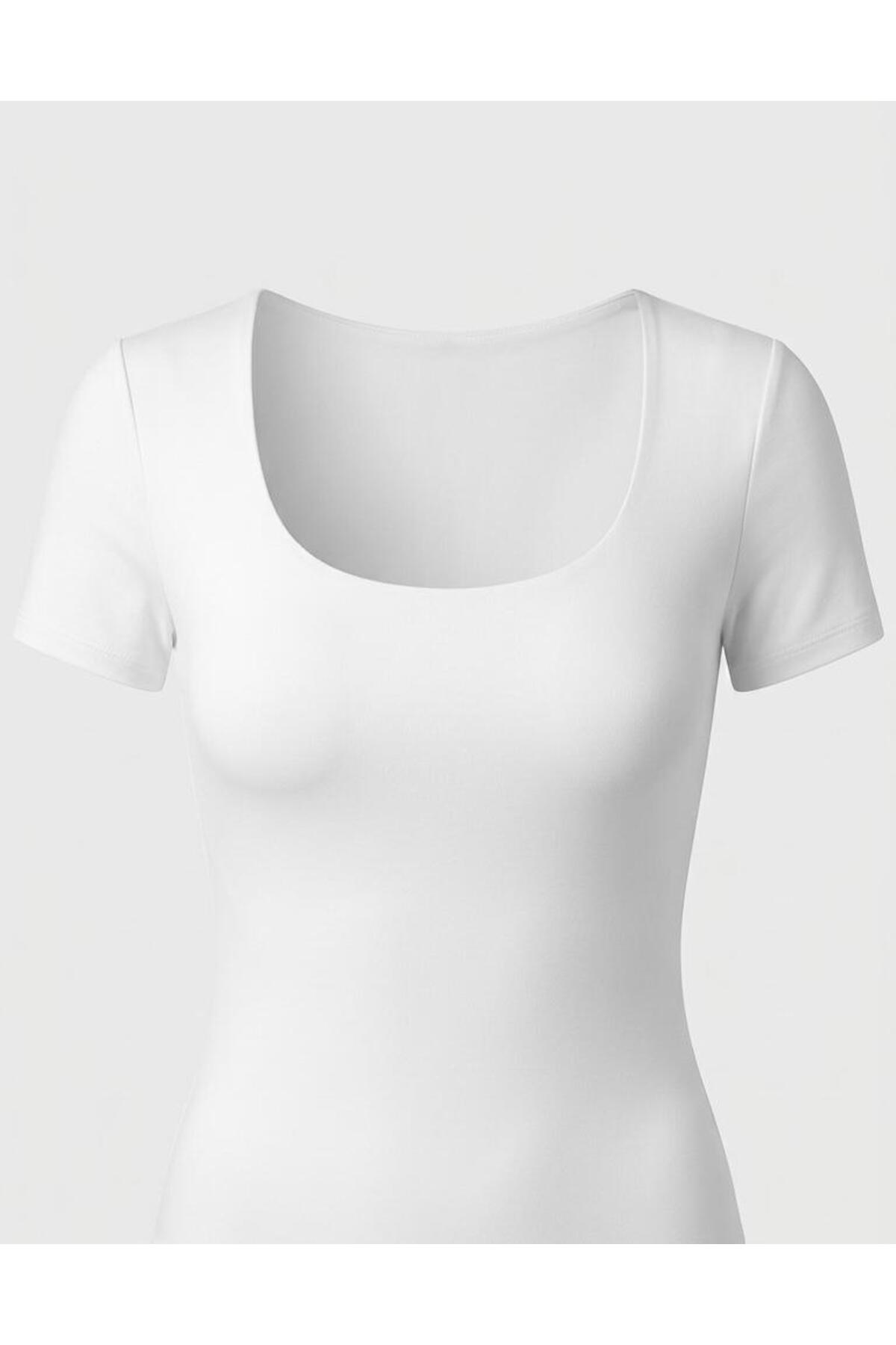MODiSCHO Kadın Kırık Beyaz Kare Yaka Slim Fit Pamuklu Ultra Soft Likralı Kumaş Basic Bluz görsel 7