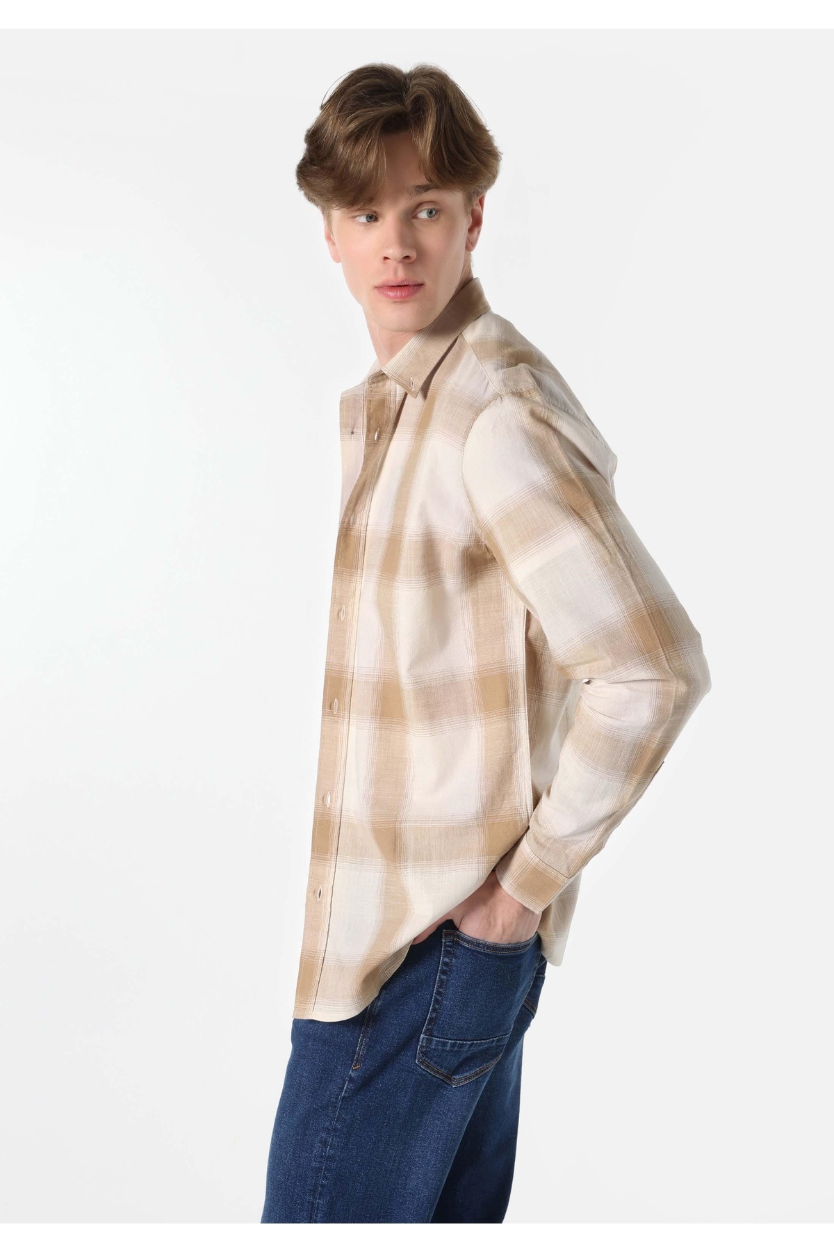 پیراهن مردانه آستین بلند چهارخانه یقه گرد معمولی بژ کالینز پیراهن Colin's