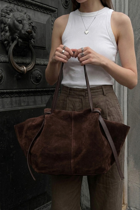 Marjin Kadın Hakiki Deri Shopper El ve Omuz Çantası Yorita Kahve Süet