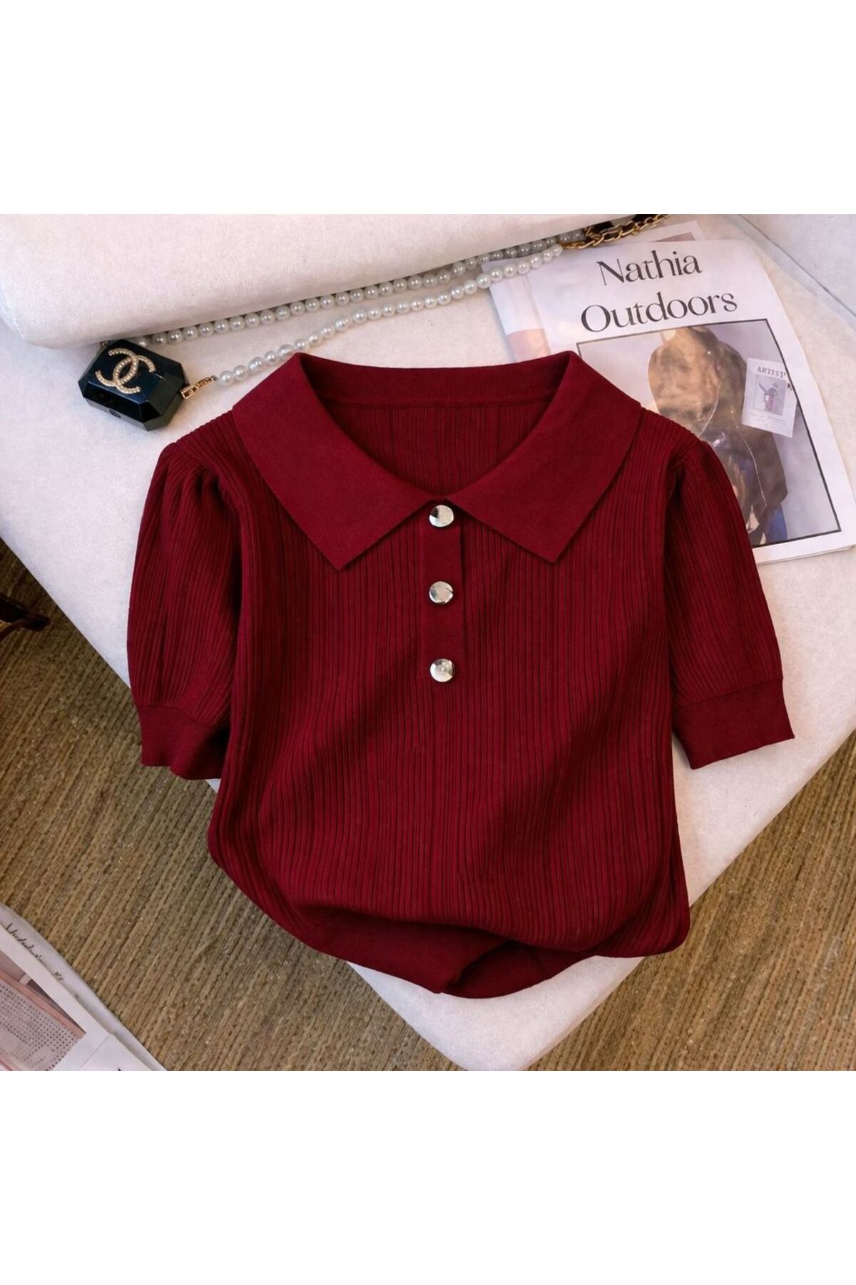 nathia outdoors  Triko Örme Gümüş Gri Düğme Detaylı Bordo Kadın T-Shirt - Görsel 2