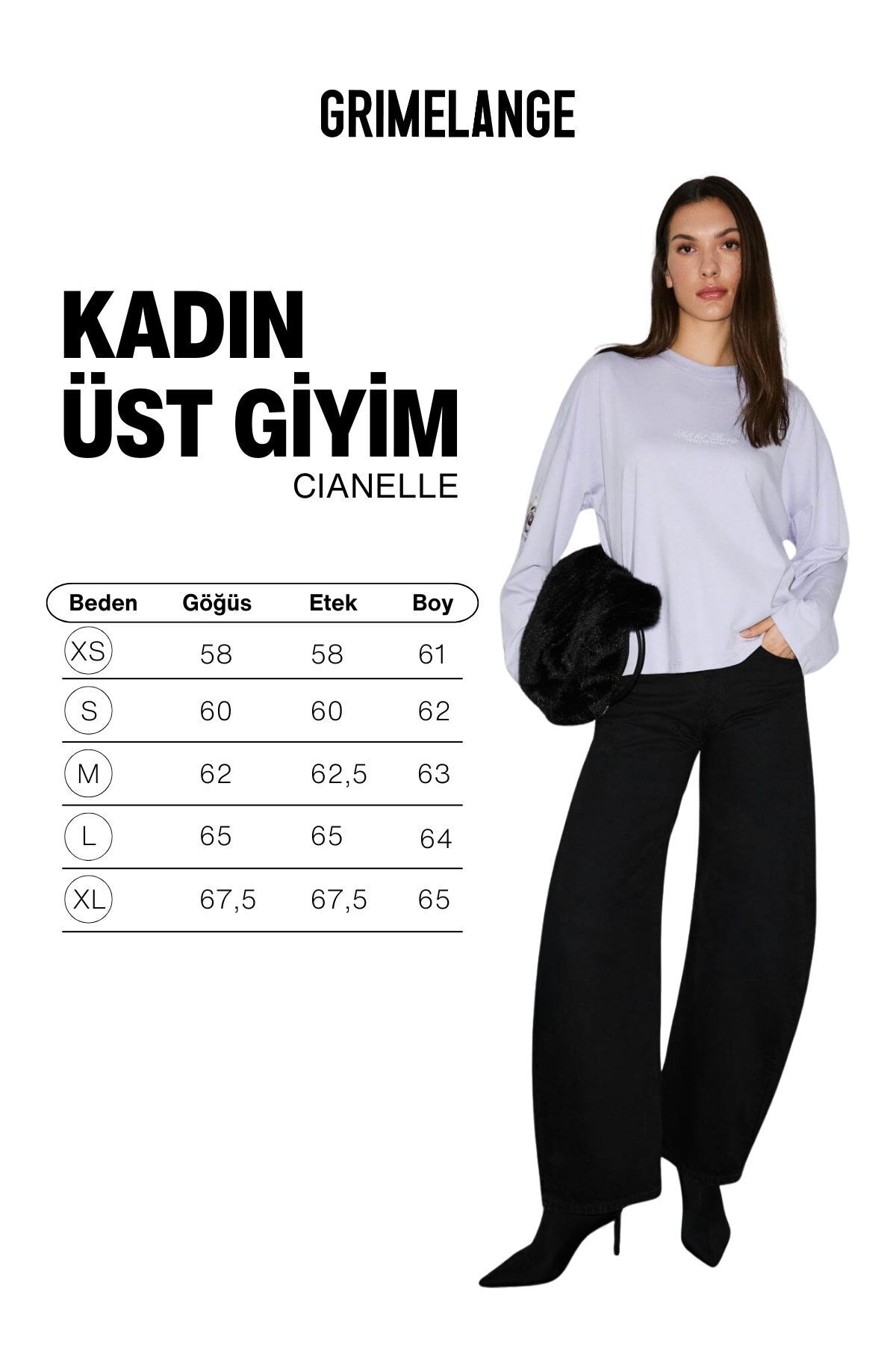 GRIMELANGE CIANELLE Kadın Organik Pamuklu Bisiklet Yakalı Uzun Kollu Oversize Lila T-Shirt görsel 8
