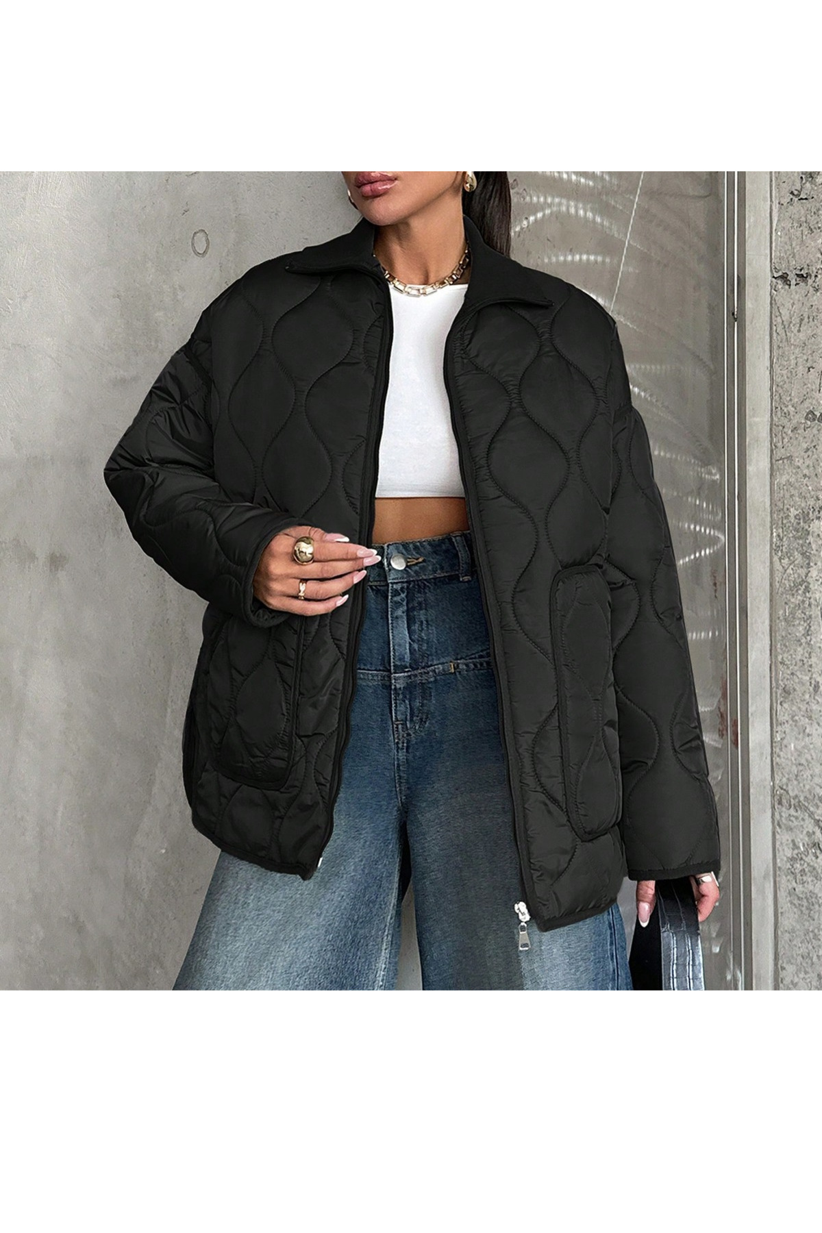 BORCKA TEKSTİL  Siyah Renk Kapitone Desenli Geniş Yaka Kadın Mont - Görsel 6