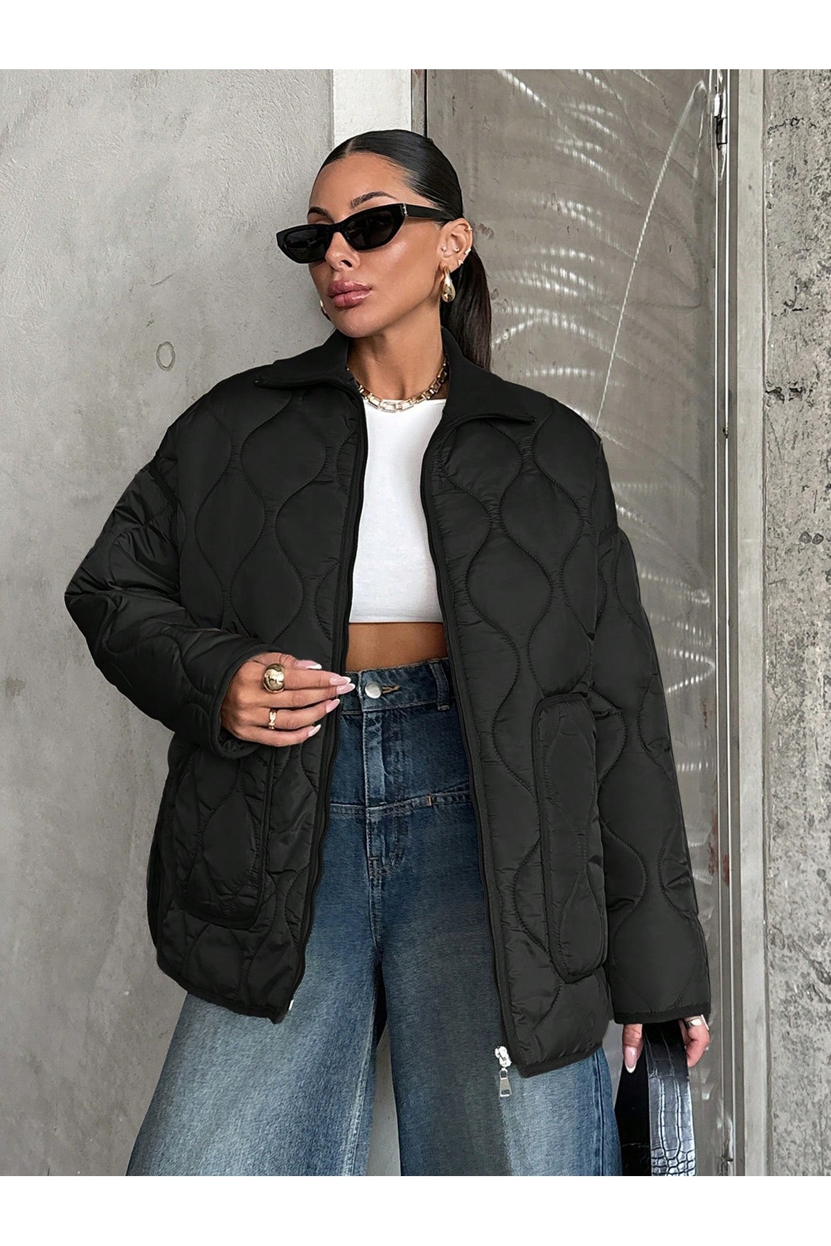 BORCKA TEKSTİL  Siyah Renk Kapitone Desenli Geniş Yaka Kadın Mont - Görsel 3