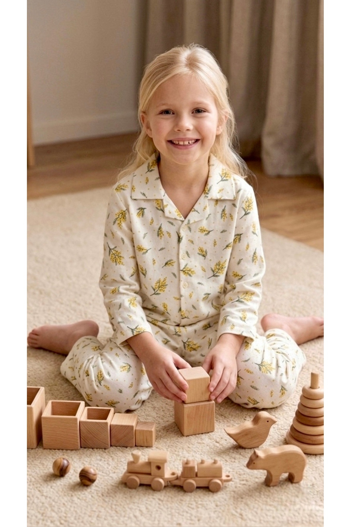 Enie Kız Çocuk Çiçek Desenli %100 Pamuk 4 Mevsim Pijama Takımı fotoğrafı 6 (önizleme)