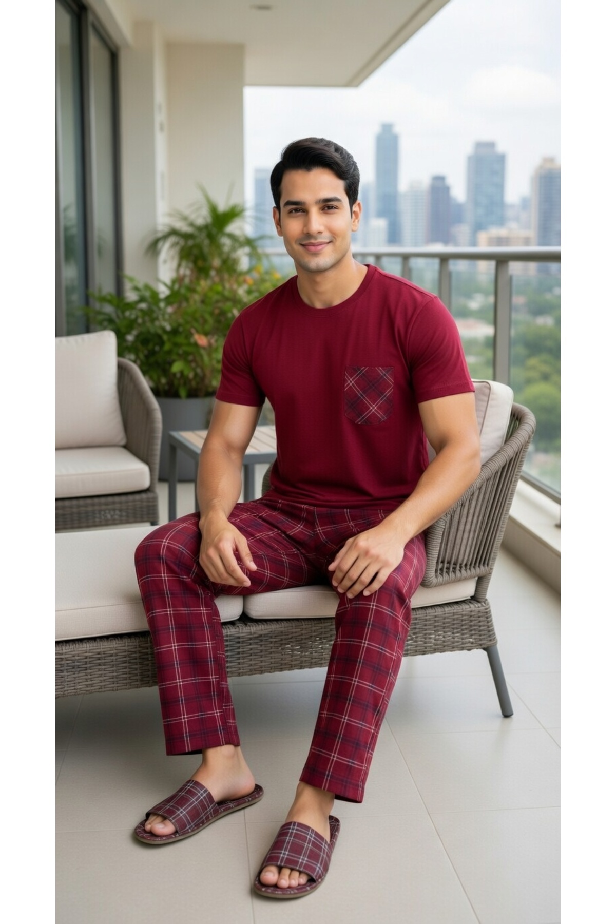 Sude HOMEWEAR  Erkek Ekoseli Kısa Kollu Pijama Takımı