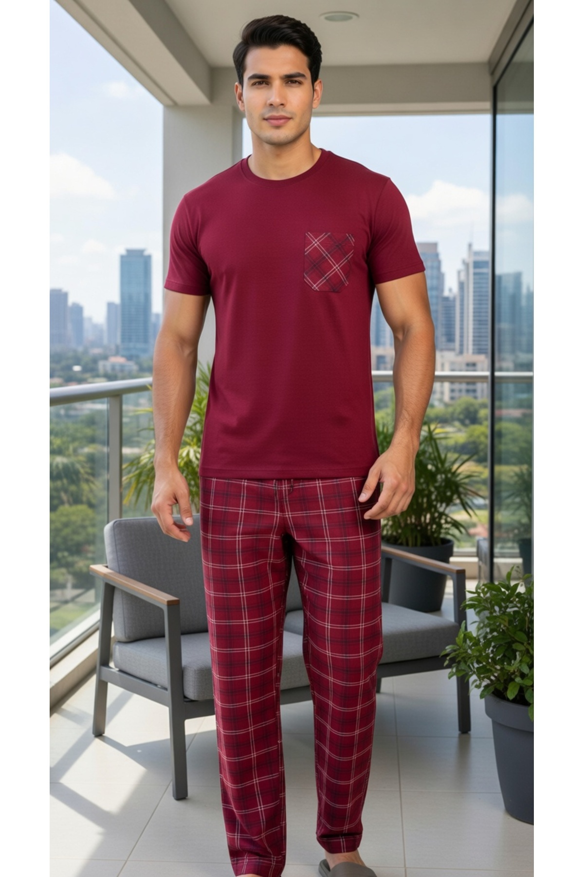 Sude HOMEWEAR  Erkek Ekoseli Kısa Kollu Pijama Takımı - Görsel 4