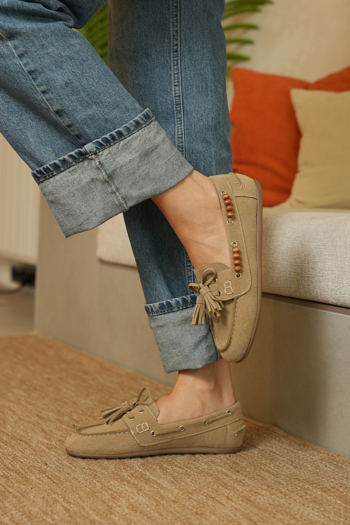 diclepolat Kadın Bej Süet Loafer Ayakkabı Püsküllü Bağcıklı Günlük Makosen Model Carlas görsel 8