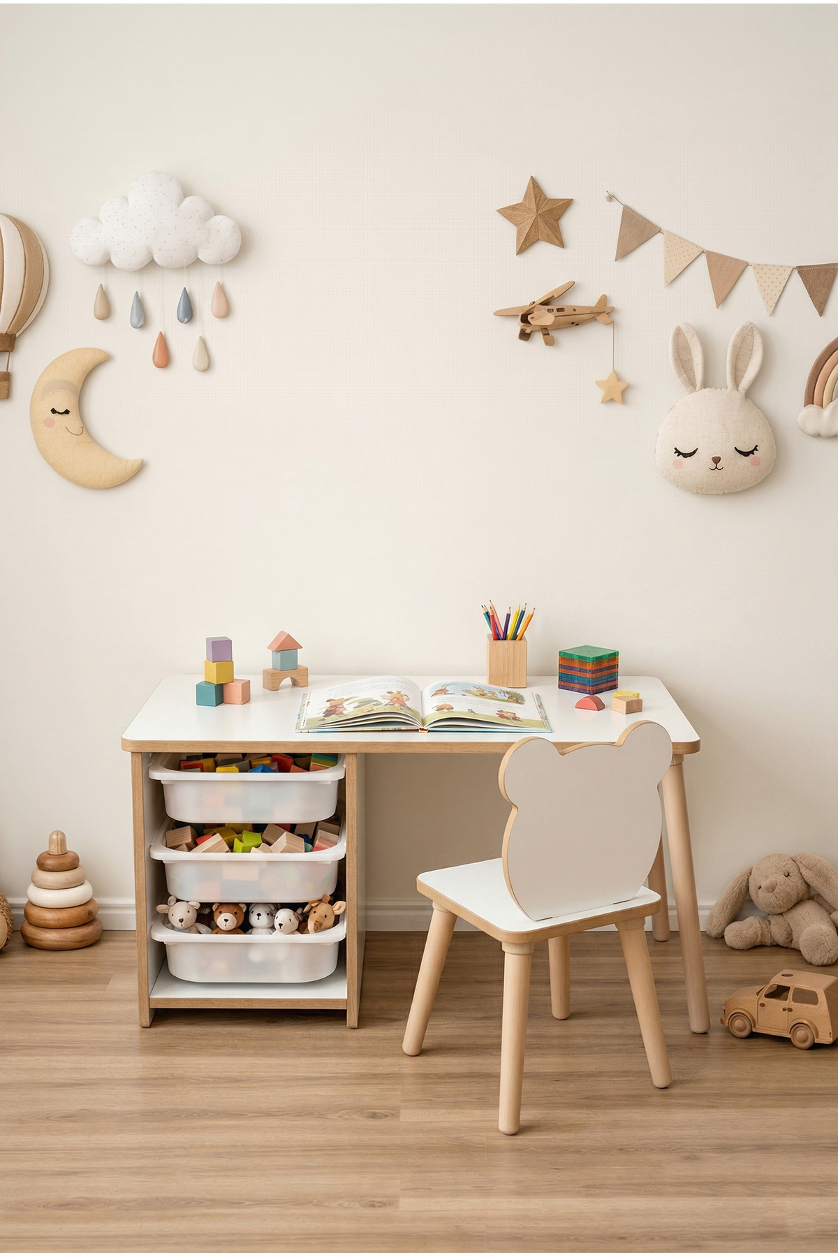 POFİTTO Çocuk Masa Sandalye Takımı-3 Sepetli Çocuk Çalışma Masası Aktivite Masası Yaz-sil Panda Sandalye fotoğrafı 5 (önizleme)