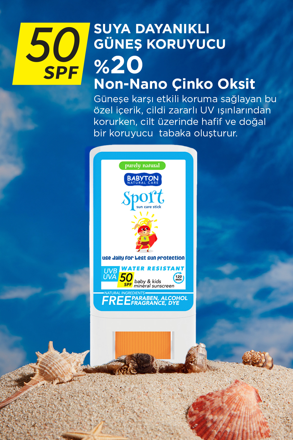 BABYTON Doğal Suya Dayanıklı Güneş Koruyucu Stick 50 SPF 20 gr fotoğrafı 4 (önizleme)