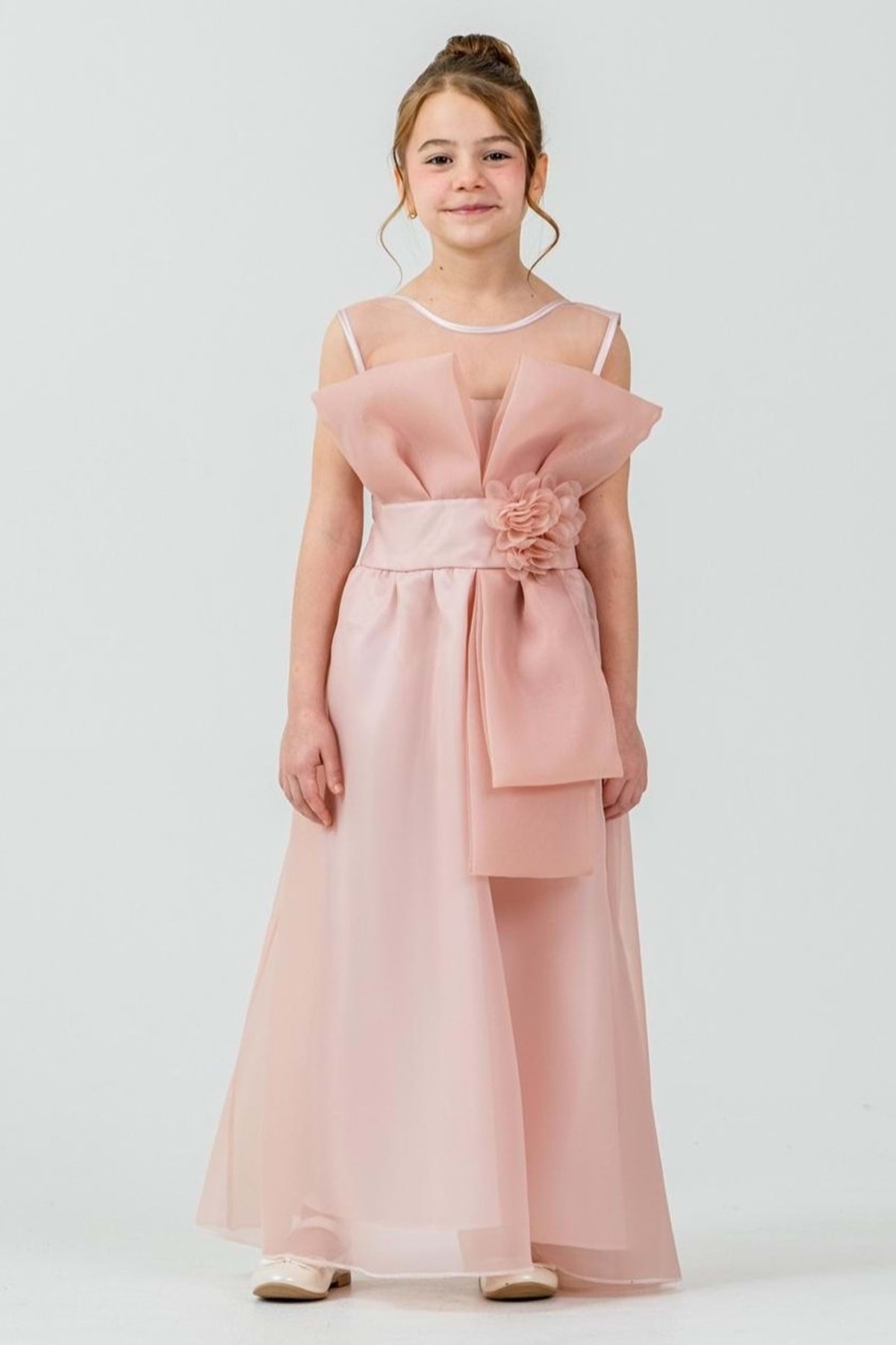 Mnk Baby&Kids Kız Çocuk Organze Tül Çiçek ve Fiyonk Detaylı Gipe Sırtlı Prenses Abiye Elbise M00800 PUDRA
