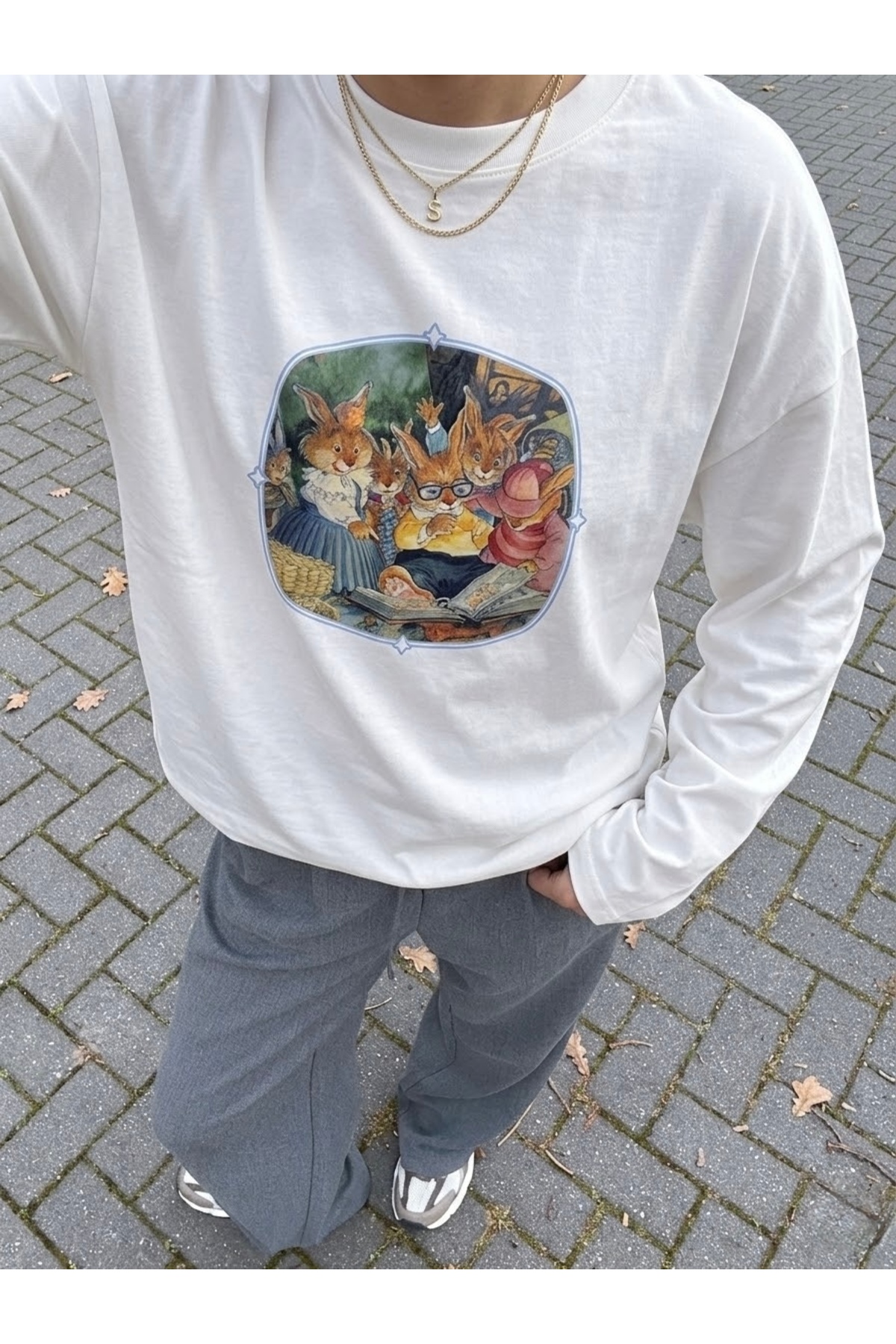 Disante  %100 Pamuk Oversize Fit Uzun Kulak Ailesi Baskılı - Bisiklet Yaka Uzun Kollu T-shirt