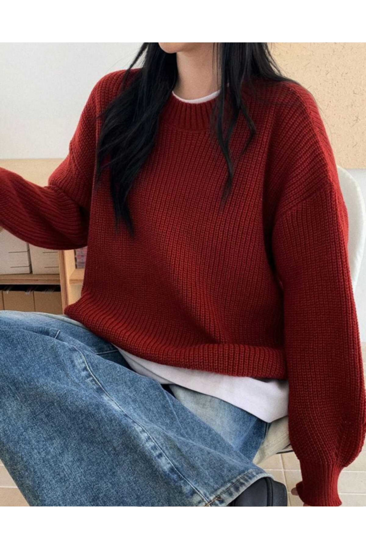 MODASPARK  Kırmızı Bisiklet Yaka Oversize Kadın Triko Kazak - Görsel 7