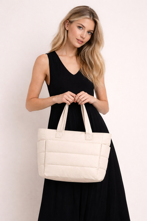 Compeia Kadın Krem Puffy Tote Bag Kabarık Kapitone Omuz Çantası Çok Bölmeli G...
