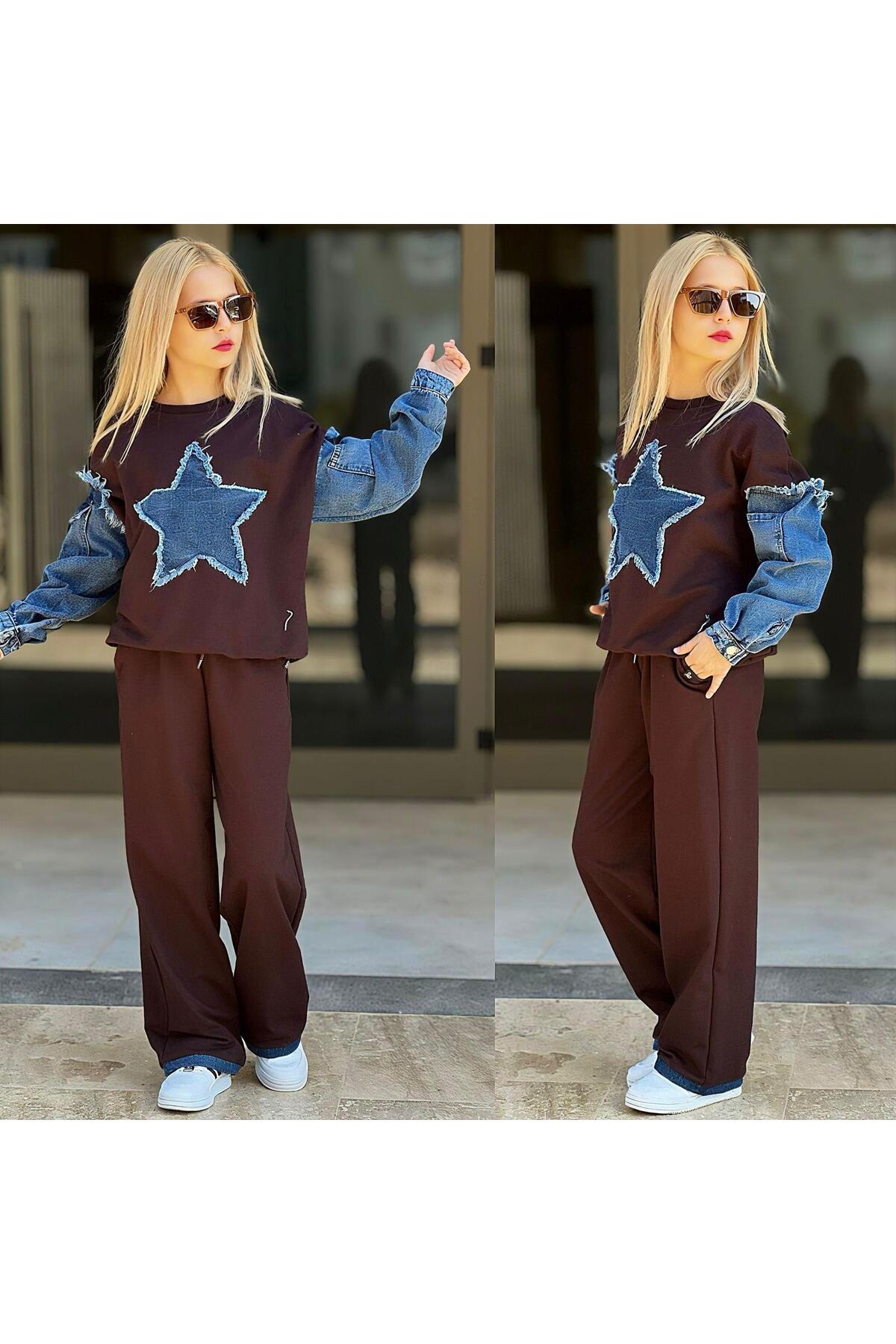 Girls Star Detailed Denim Balloon Sleeve Tracksuit Bottom Top Set 2591KA